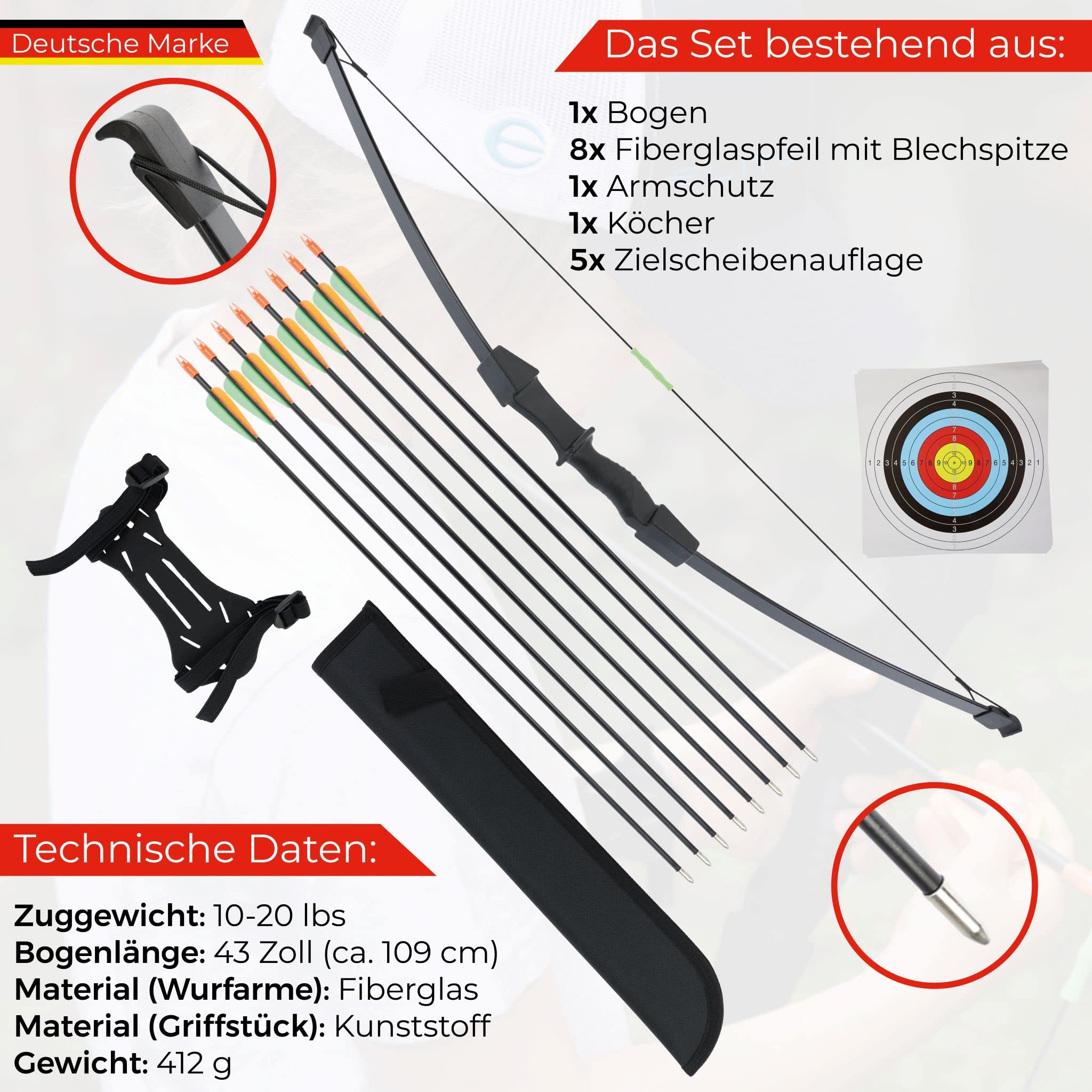 Youth Pfeil und Bogen Set 10–20 lbs Jugendbogen mit 8 | Pfeilen, BSW-Flitzebogen Youth Pfeil und Bogen Set 10–20 lbs Jugendbogen mit 8 Pfeilen, Zielscheibe