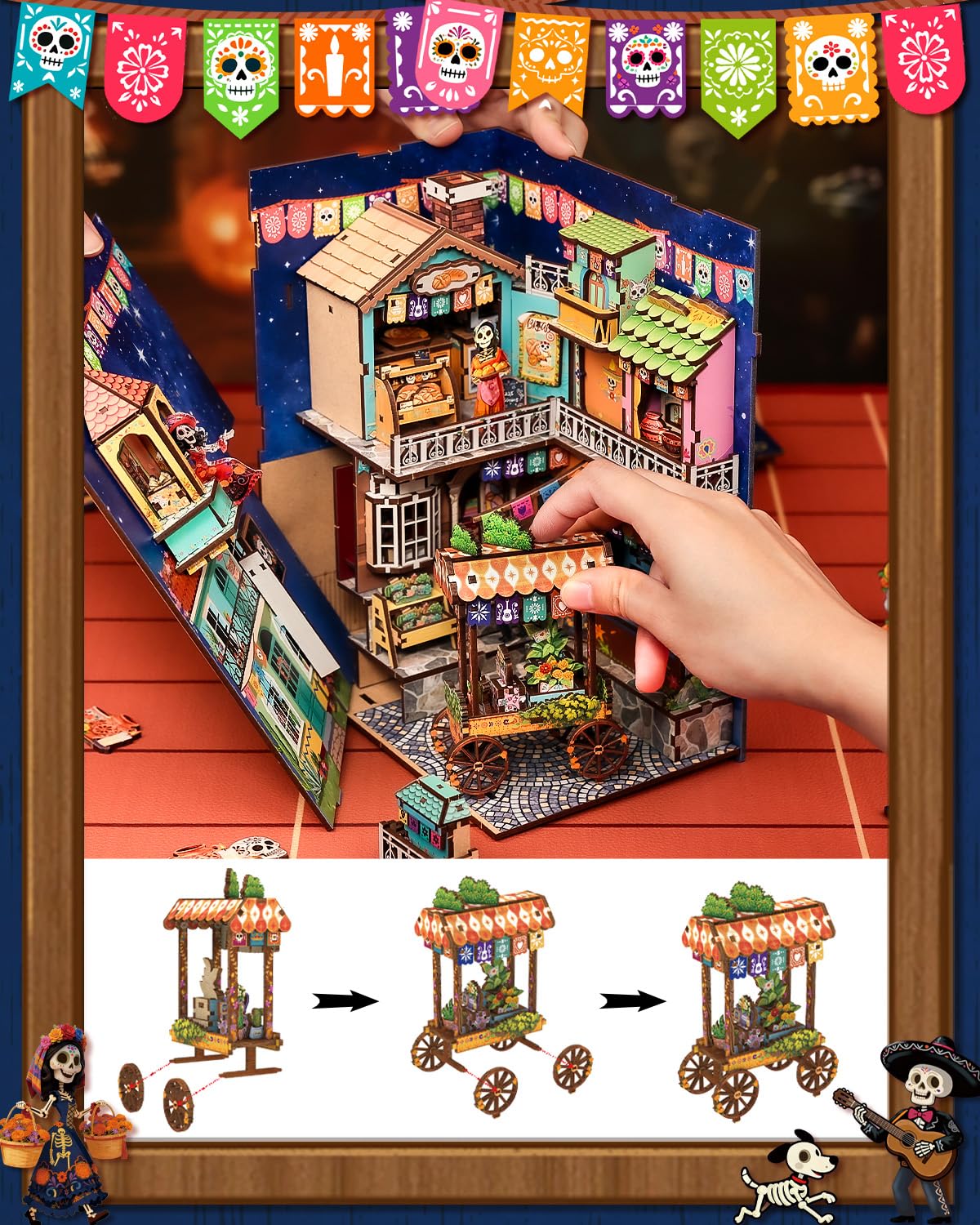 CUTEBEE Book Nook Kit - Miniaturowe domki lalkowe DIY meksykańska fiesta, Żywy model uliczki z LED, Prezent dla rodziny i przyjaciół (Plaza de los Muertos)