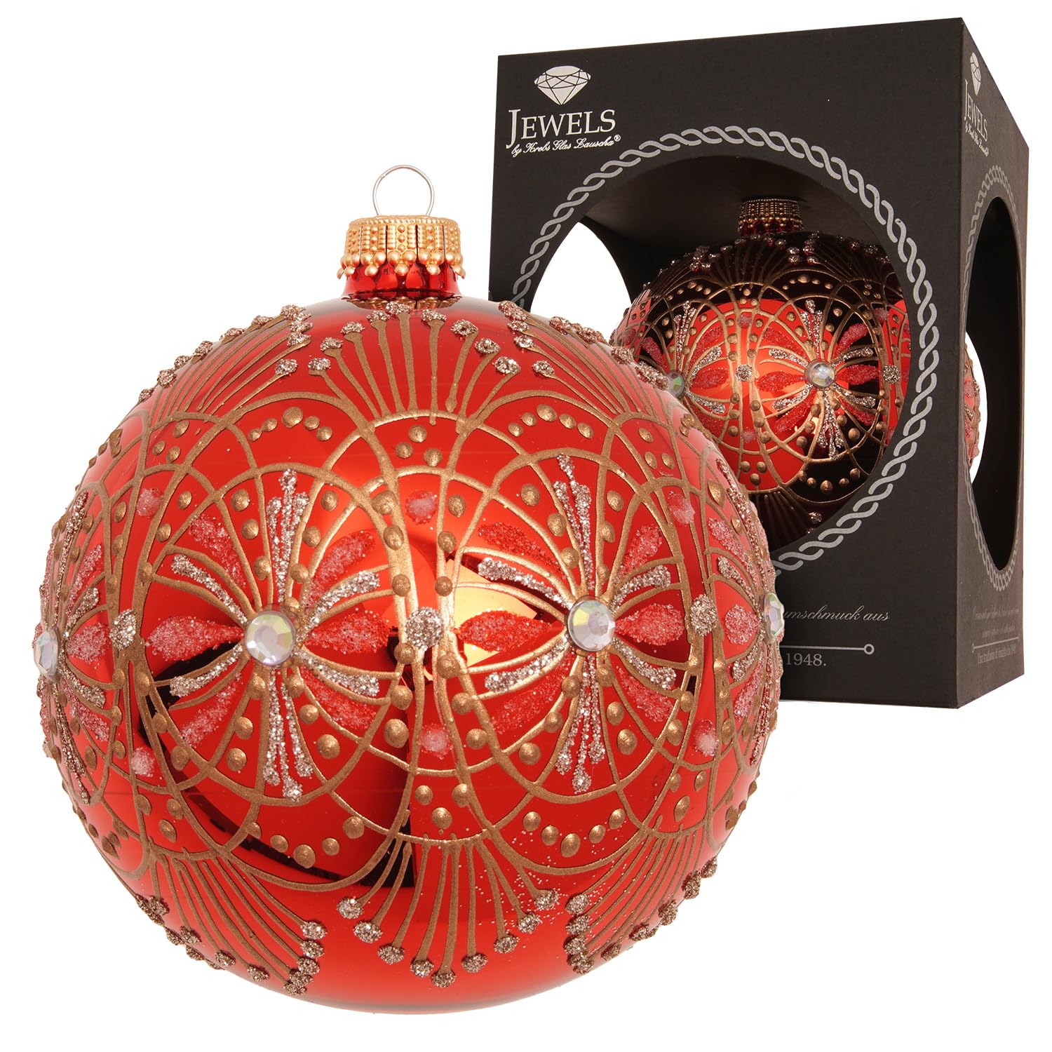 Krebs Glas Lauscha Boule de Noël « Art nouveau rouge » 10 cm – Soufflée à la bouche et décorée à la main – Élégante décoration de sapin de Noël en verre – Fabriquée à la main – Point central élégant