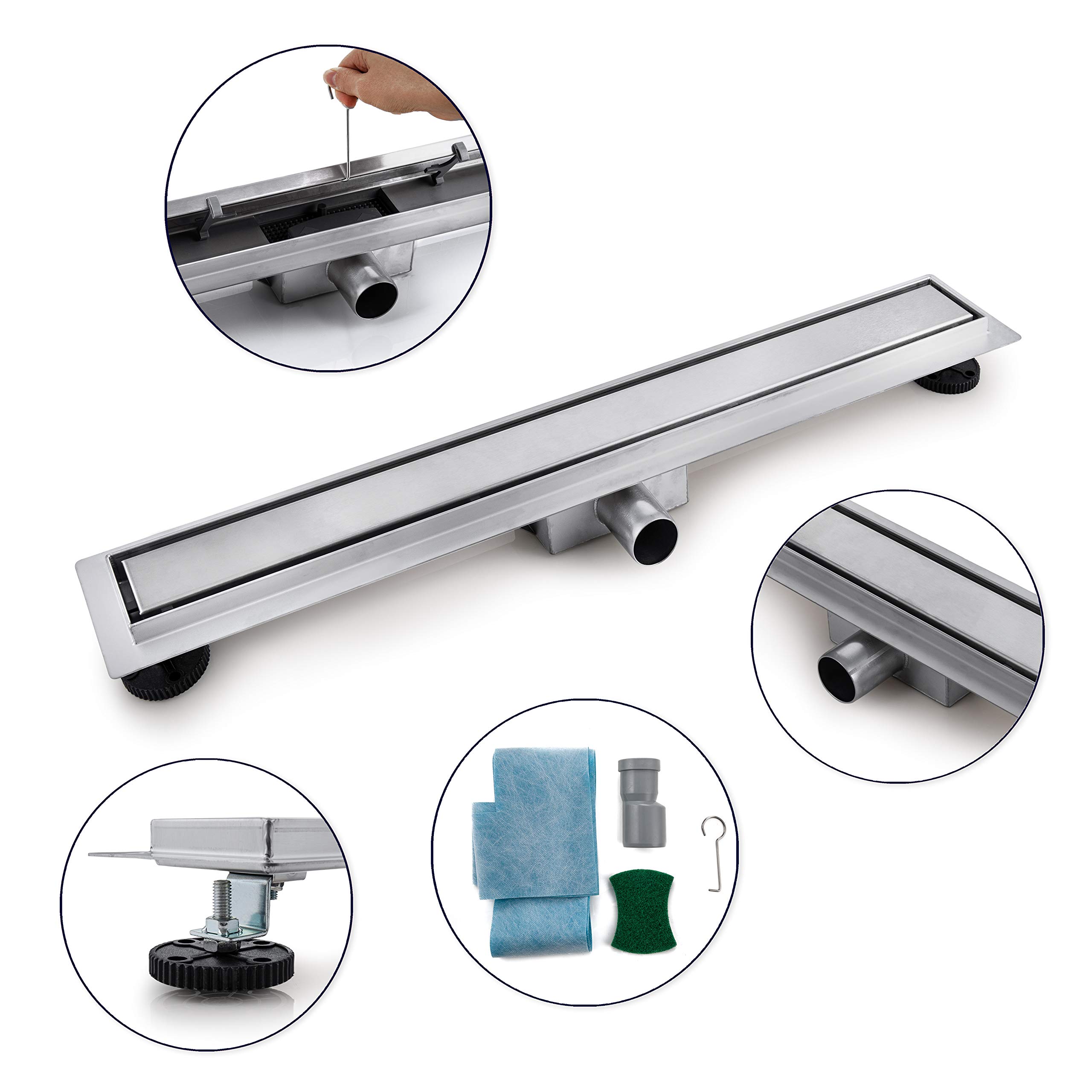 VBChome Duschrinne 80 cm Ablauf Bodenablauf Edelstahl befliesbar Selbstreinigender Siphon mit Geruchsstop mit Haarsieb 50-120 cm Ablaufrinne für Badezimmer Duschablauf sehr flach Komplettset