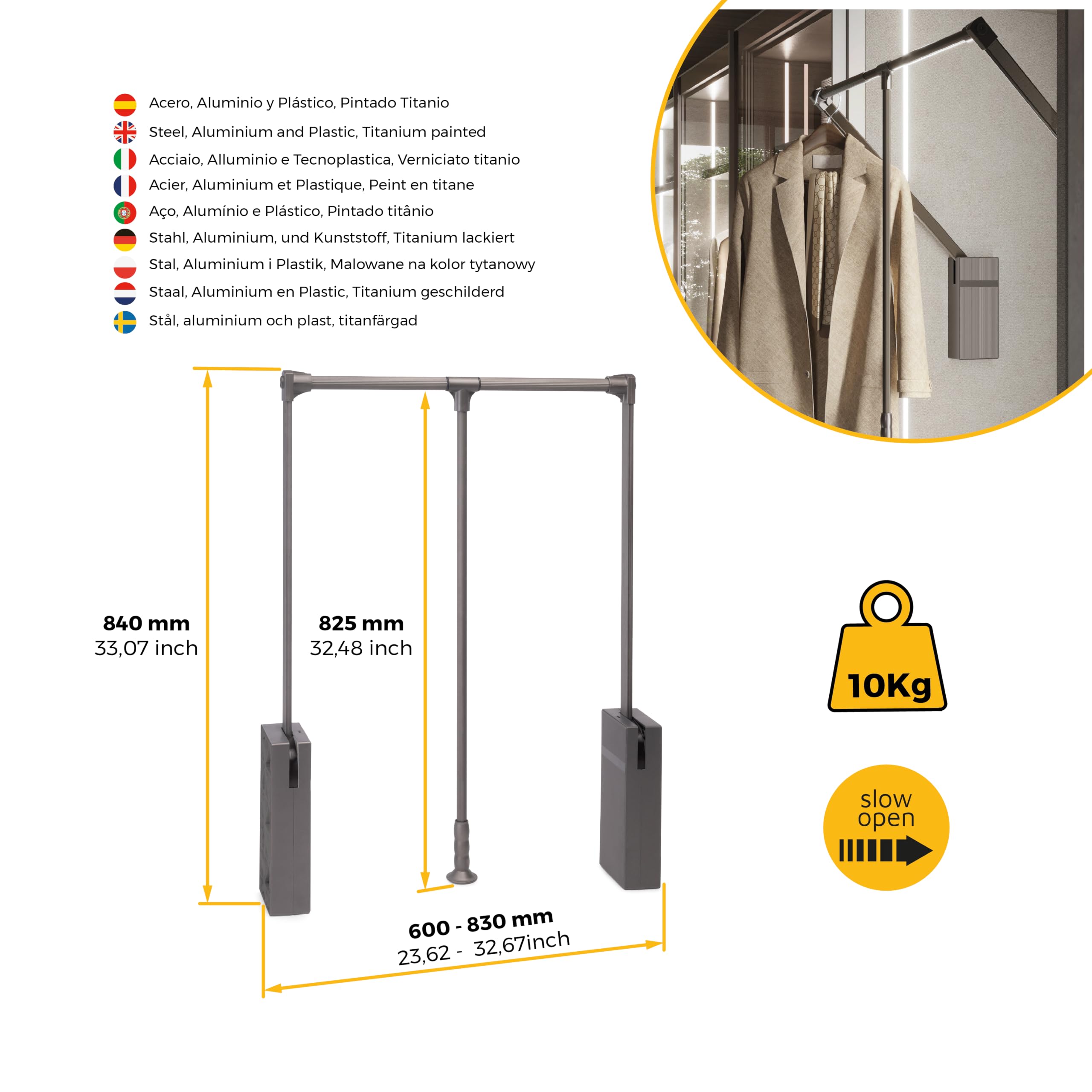 Emuca - Pantograf Sway, 600-830mm, Stal, Aluminium i Plastik, Malowane na kolor tytanowy
