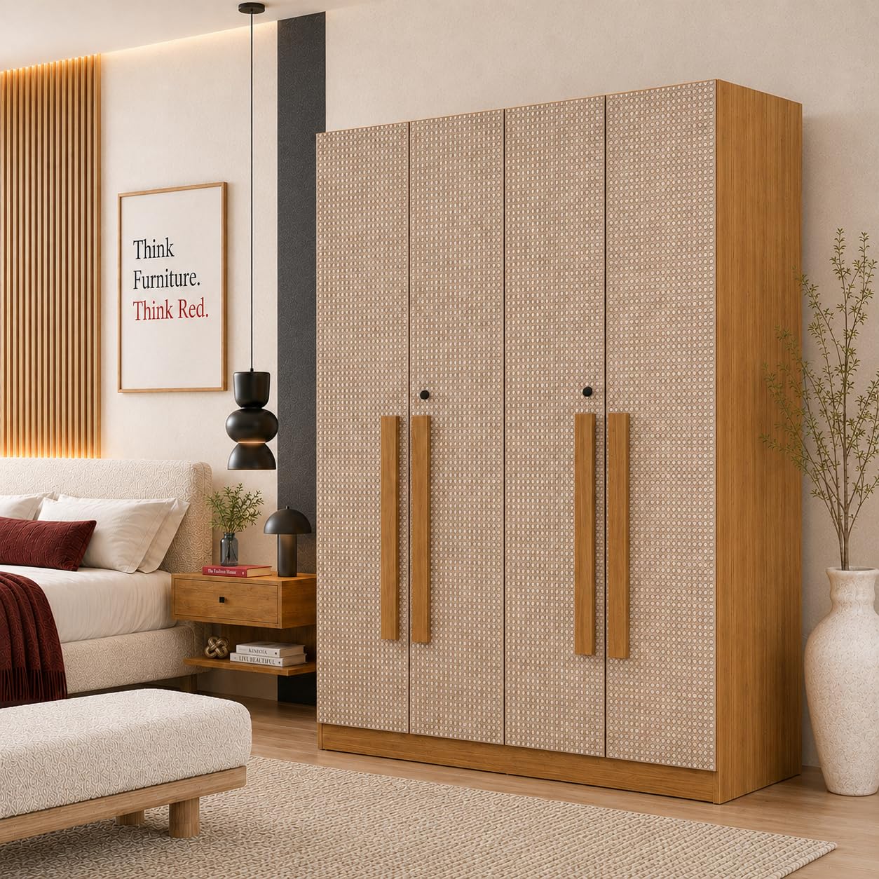 Bniture 3 Door Wardrobe for Bedroom with Lockable Door & Hanging Space | Almirah for Clothes with Rattan Finish | Wardrobe for Storage | 3 Years Warranty (Giant Wood, 4 Door)-image-28