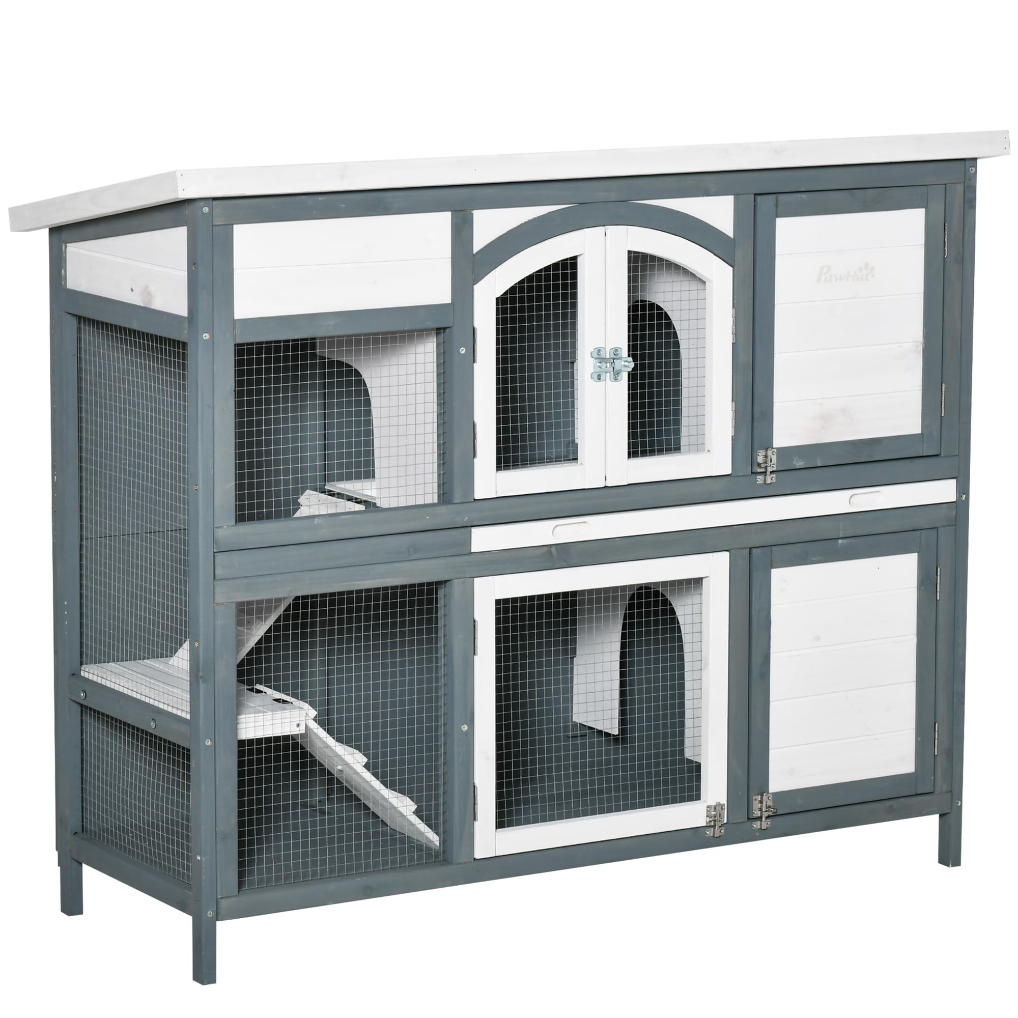 PawHut Rabbit Hutch Outdoor Guinea Pig Hutch 2 Tier 125 x 48 x 100cm Grey | Wooden Cage, Ramp, Divider, Openable Roof