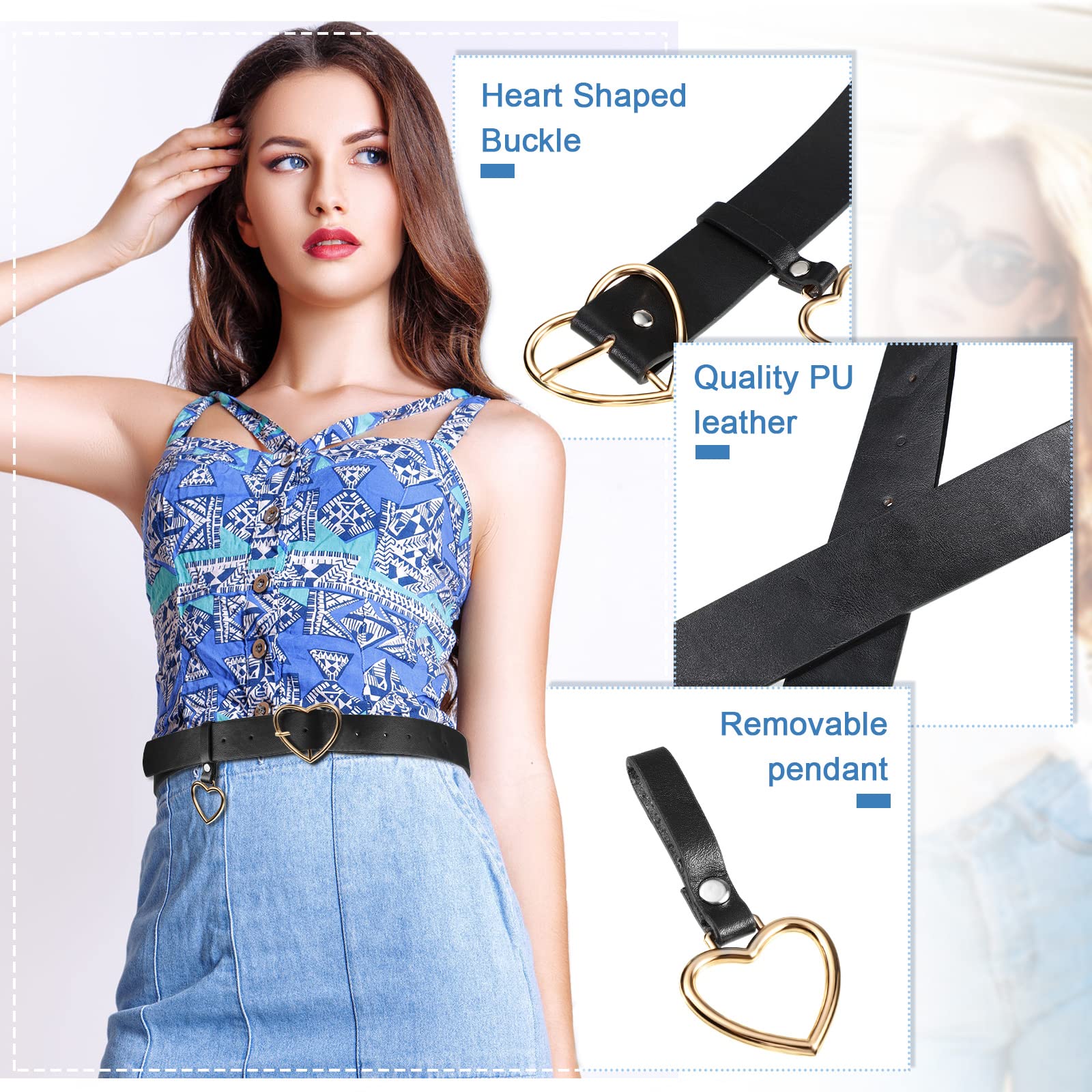 Women PU Leather Heart Design Narrow Casual Dress Waist Belt Tongue Heart Buckle OYOANGLE Women main image 2