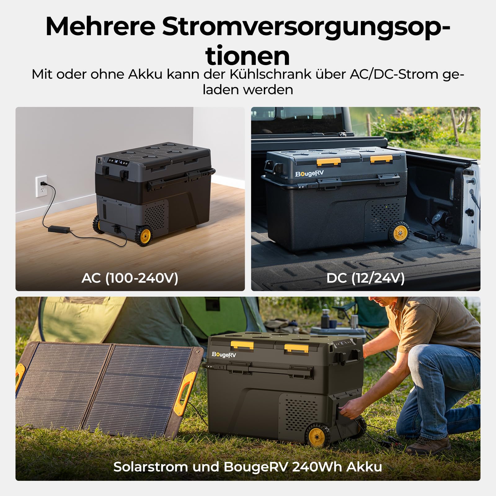 BougeRV CRD2 V2.0 49L Kompressor Kühlbox mit Akku 240Wh Doppeltür Dualzonen 12V/24V 230V Camping Kühlschrank IPX4 -20℃~20℃