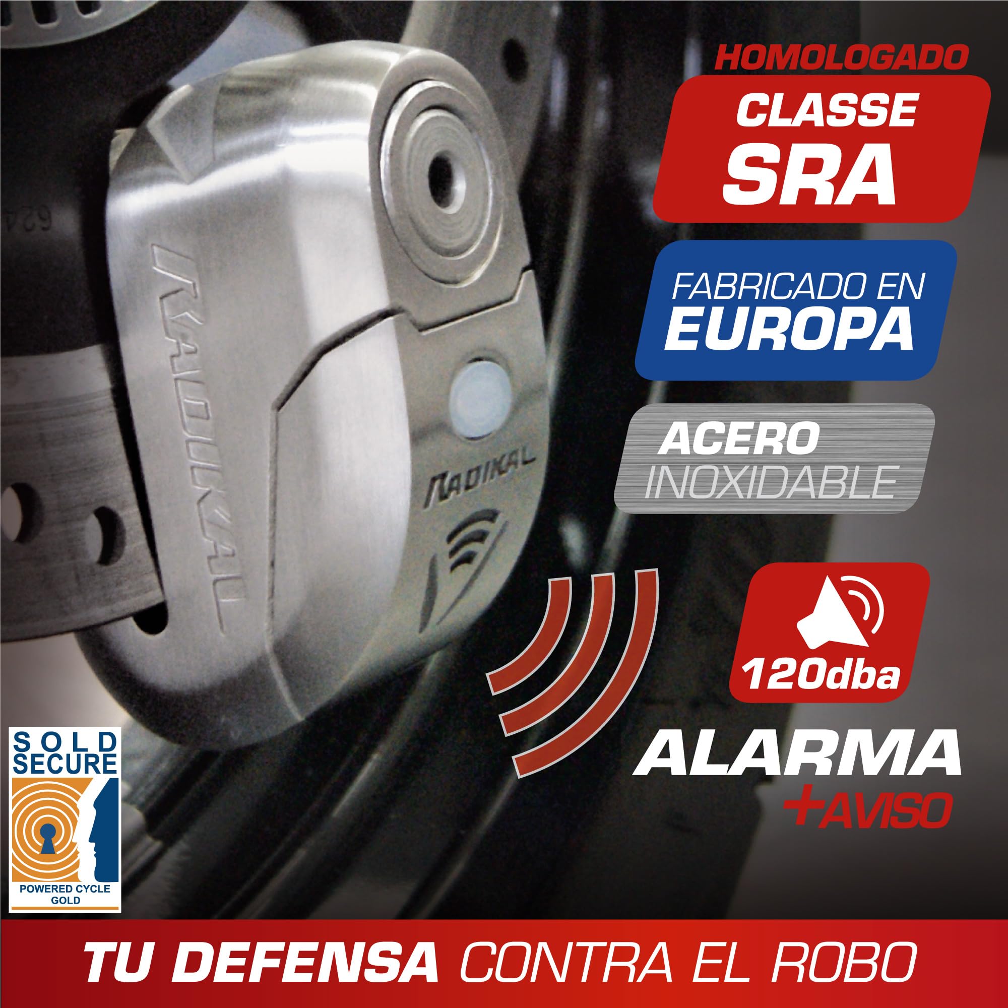 RADIKAL RK14S Candado Moto Disco Premium con Alarma | Activación Opcional, 120dB, Alerta LED, Warning Pre-alarma | Antirrobo Homologado SRA Alta Seguridad Pinza Cepo Acero Inoxidable Doble Cierre 14mm