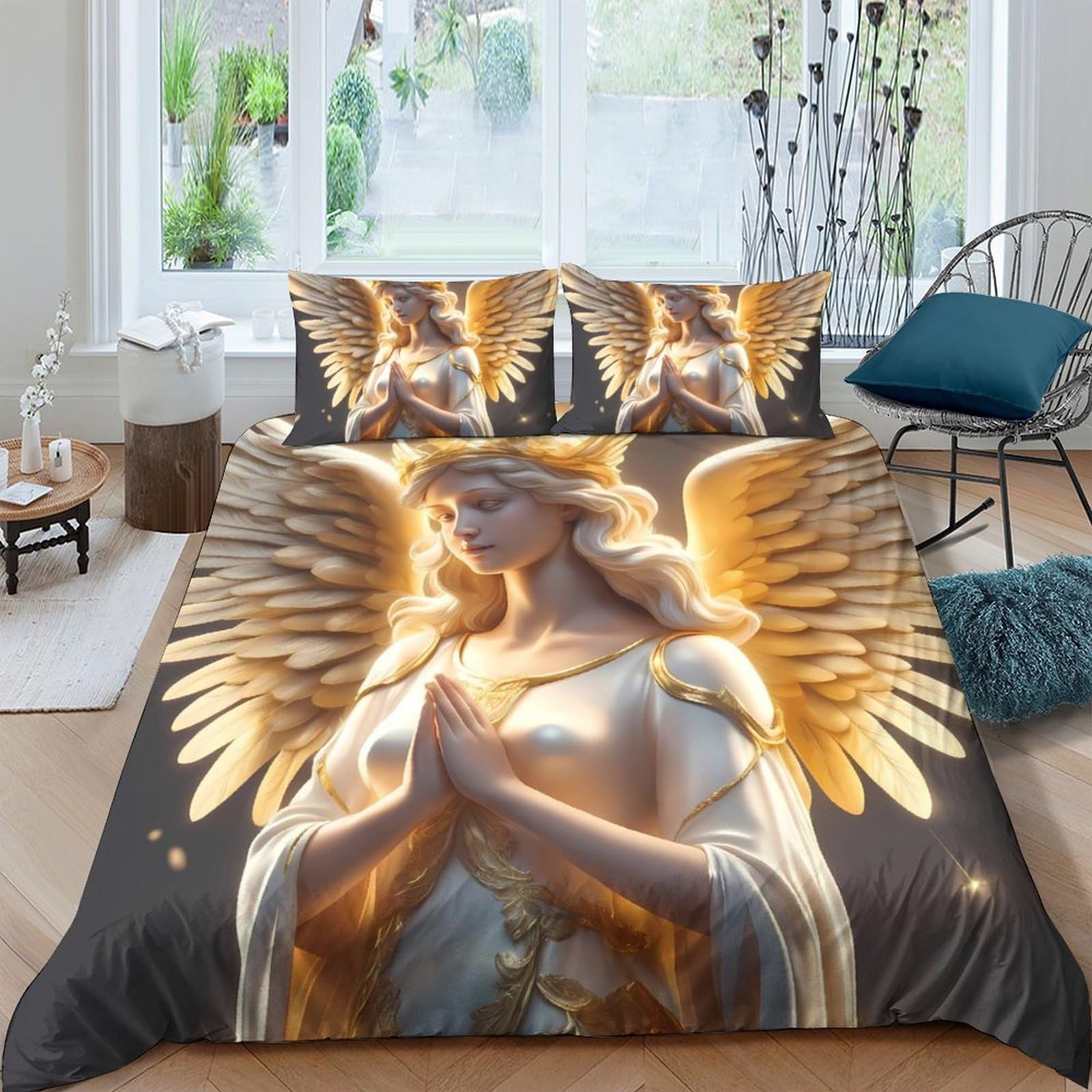 Ctjqhvkz Style-10 3D Printed Golden Angel Wings Fitted Sheet Microfiber Soft Bed Cover For Bedroom Guest Room Non-Slip Mattress Protection Single（135X200cm）