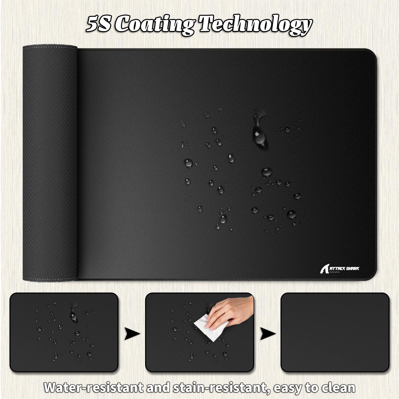 ATTACK SHARK CM02PRO E-Sport-Gaming-Mauspad, strapazierfähiges, großformatiges Mauspad mit wasserabweisender Beschichtung, Rutschfester Unterseite und vernähten Kanten, 900 x 400 x 4 mm,schwarz