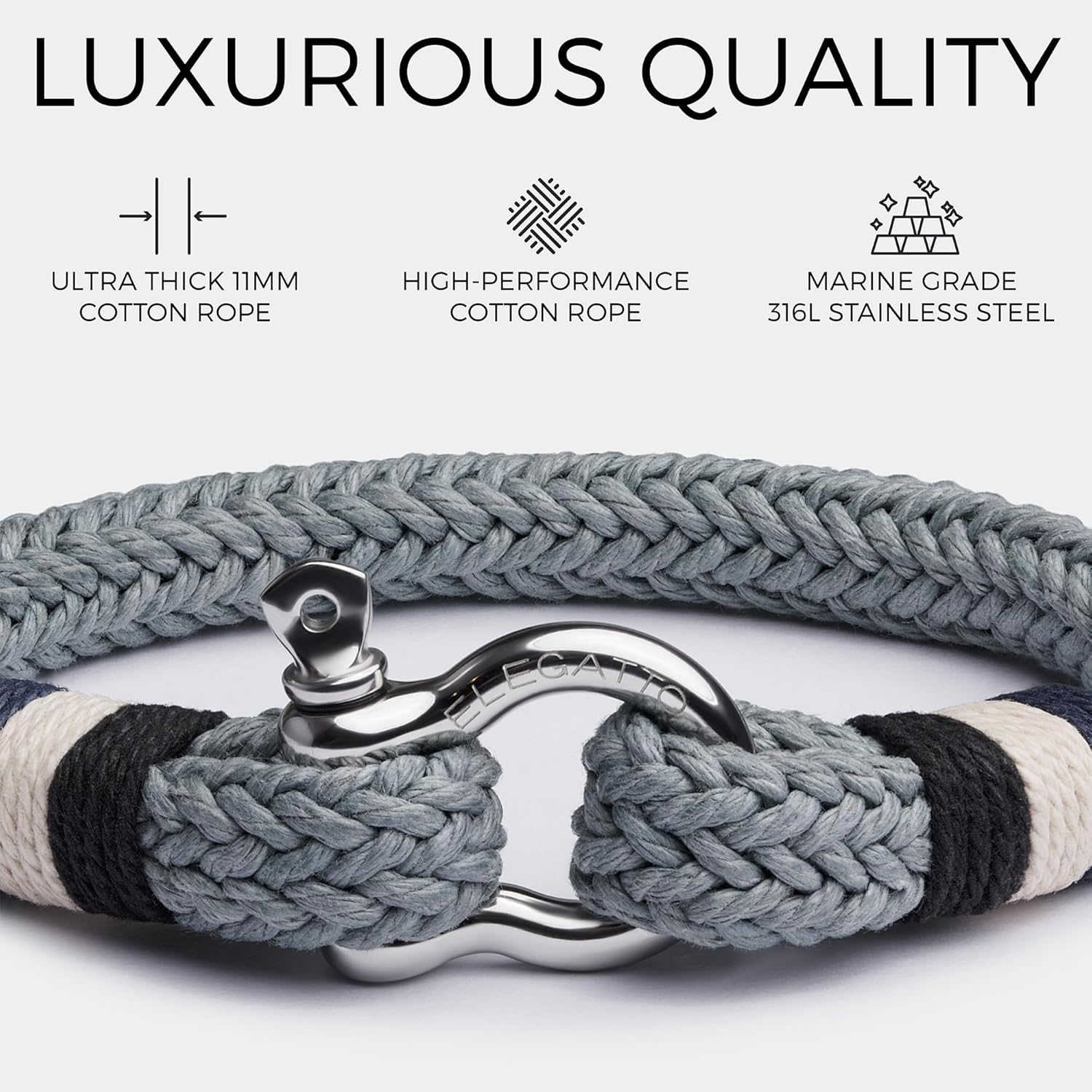 Elegatto Terra Premium Rope Bracelet for Men | Designed in California | Thick Cotton Rope with Stainless Steel Shackle Closure | Men’s Designer Bracelets - Image 3