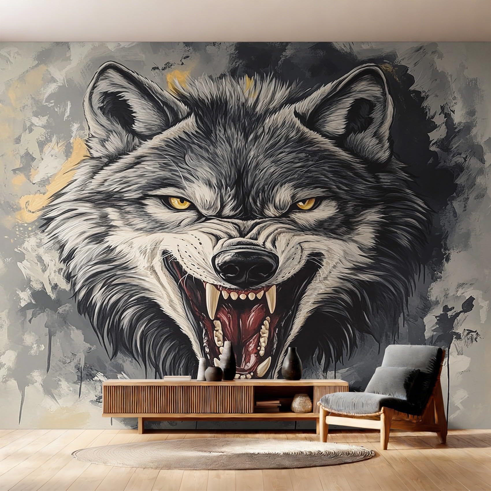Papier peint loup féroce panoramique intissé animaux sauvage décoration murale salon