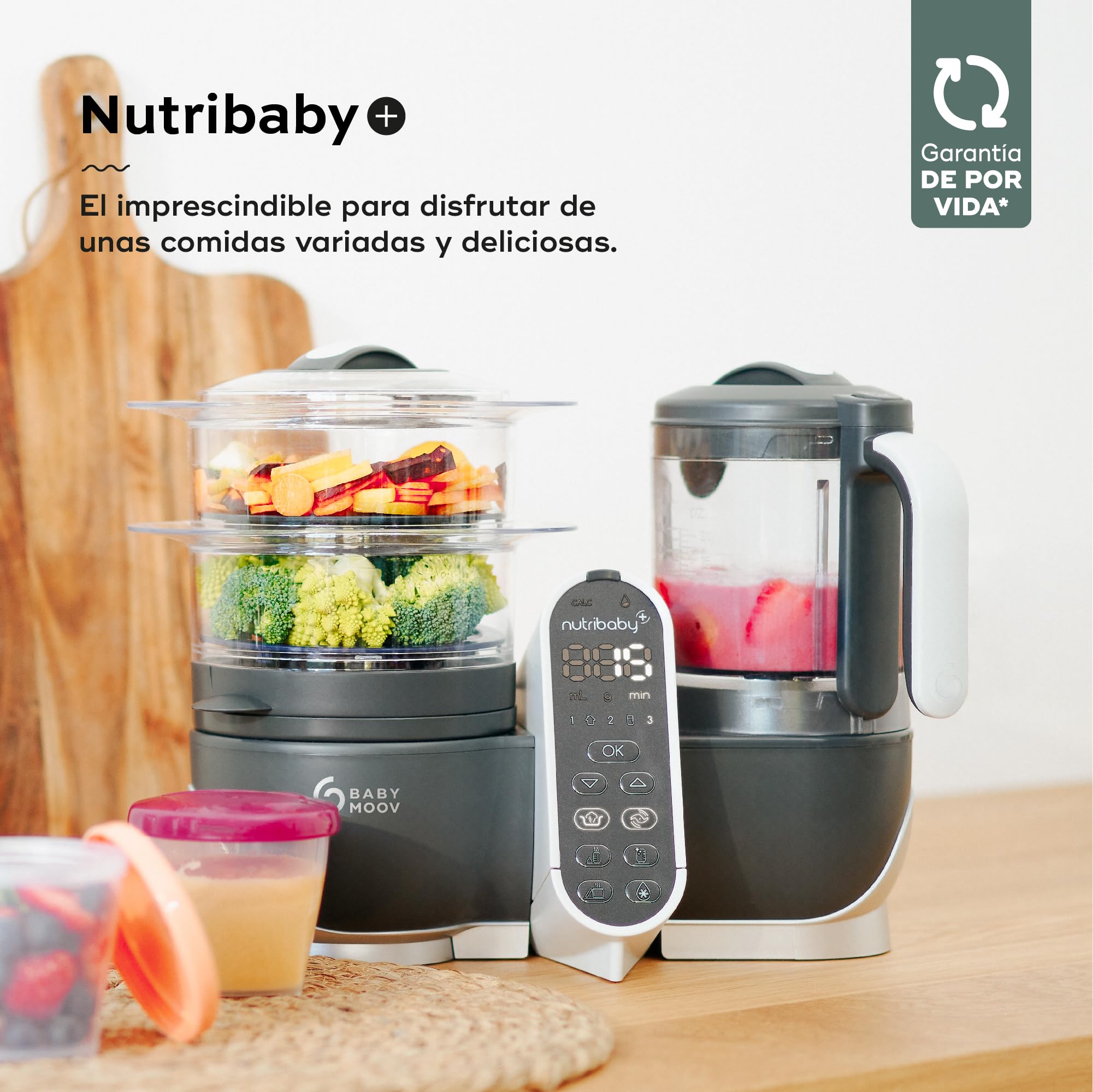 Babymoov Nutribaby(+), Robot Multifunción 6 en 1, Vaporera, Batidora, Gran Capacidad para el Bebé, Óptimo para la Cocina por Lotes, Gris