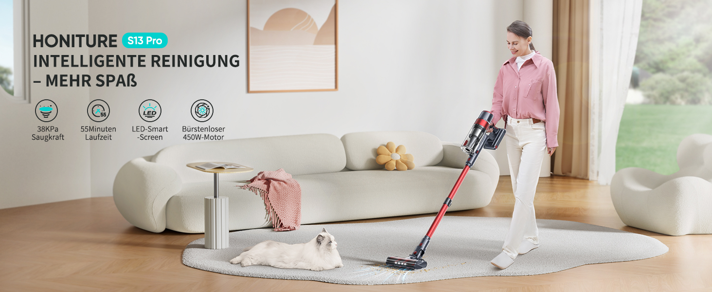 HONITURE S13 S13PRO-DE Battery Vacuum Cleaner, Red, 450 W, 1.5