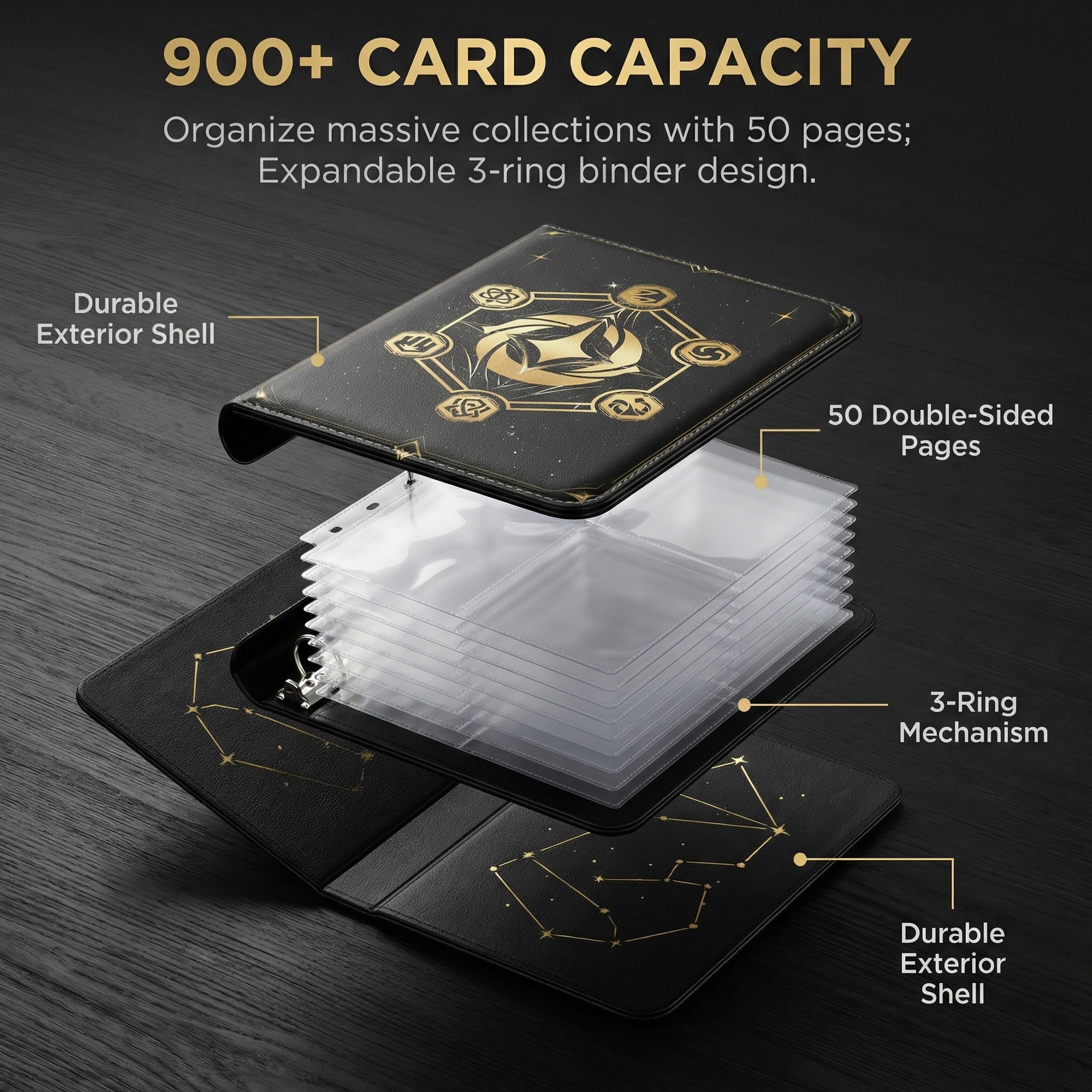 HBK Lorcana Classeur à 900 pochettes – Album à 3 anneaux en cuir synthétique imperméable avec 50 feuilles amovibles pour cartes de jeu standard