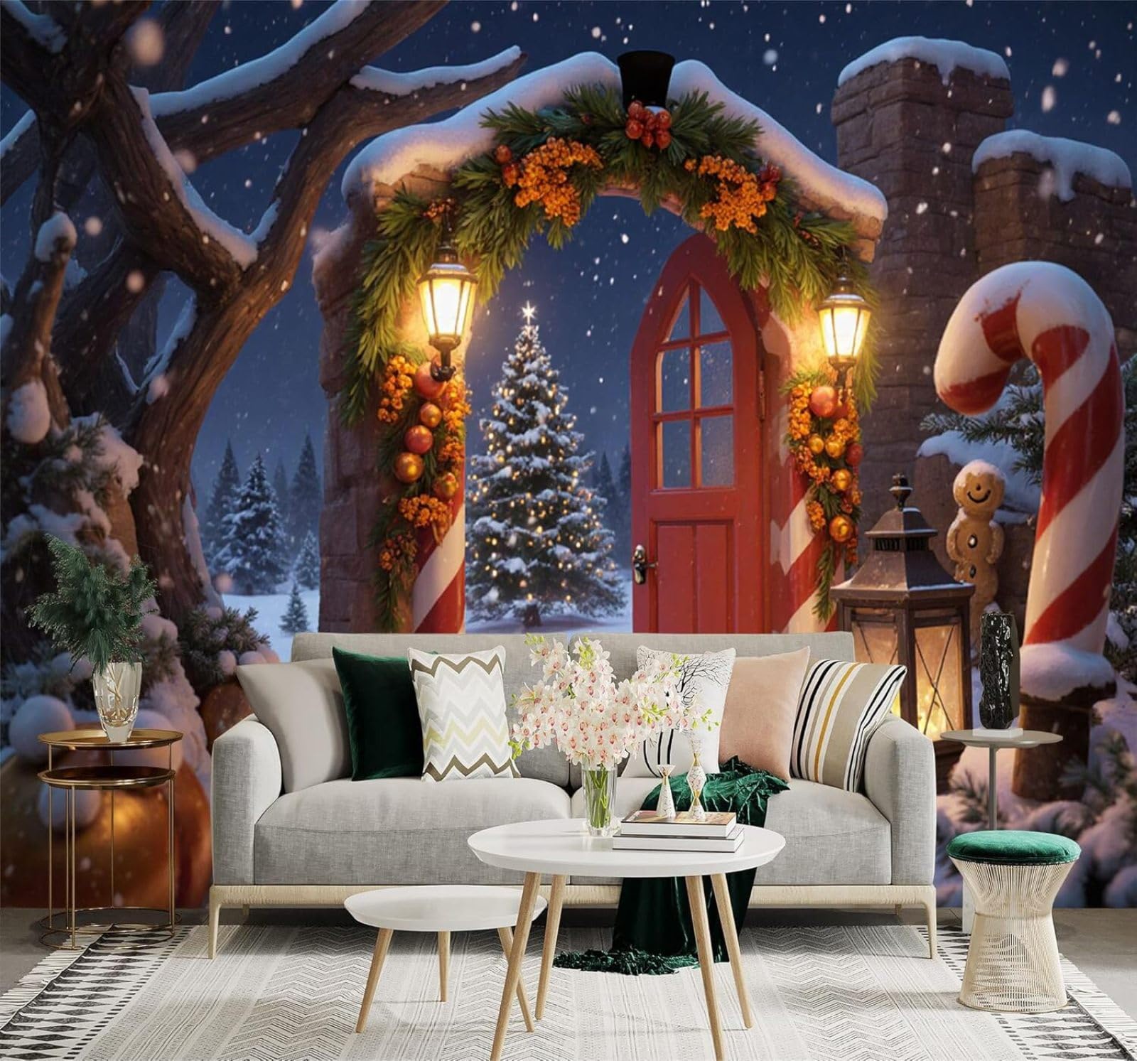 XLMING Red Wooden Door Pine Trees Lanterns Snowy Night Scenery 3D Wallpaper Premium Textured Silk Study Dining Living Room Bedroom Sofa TV Wall Easy Install-400cm×280cm