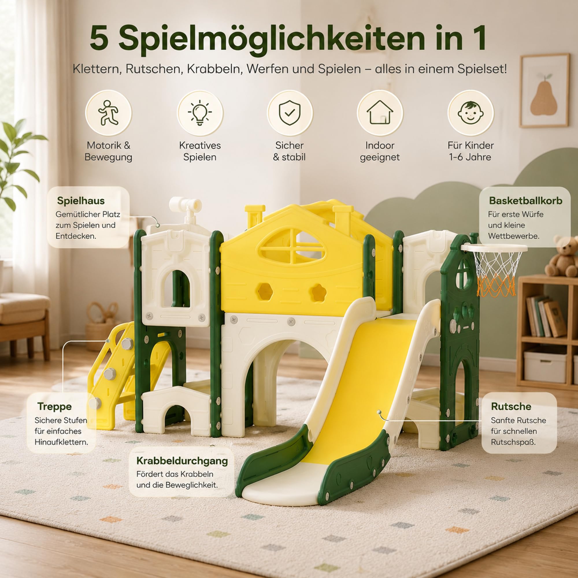 DULRLLY 5 in 1 Kinder Rutsche Indoor Outdoor, Rutschhaus mit Klettergerüst, Basketballkorb Und Tunnel, Schaukel und Treppe, Montessori Kinderspielplatz Wohnzimmer & Kinderzimmer ab 1–6 Jahre