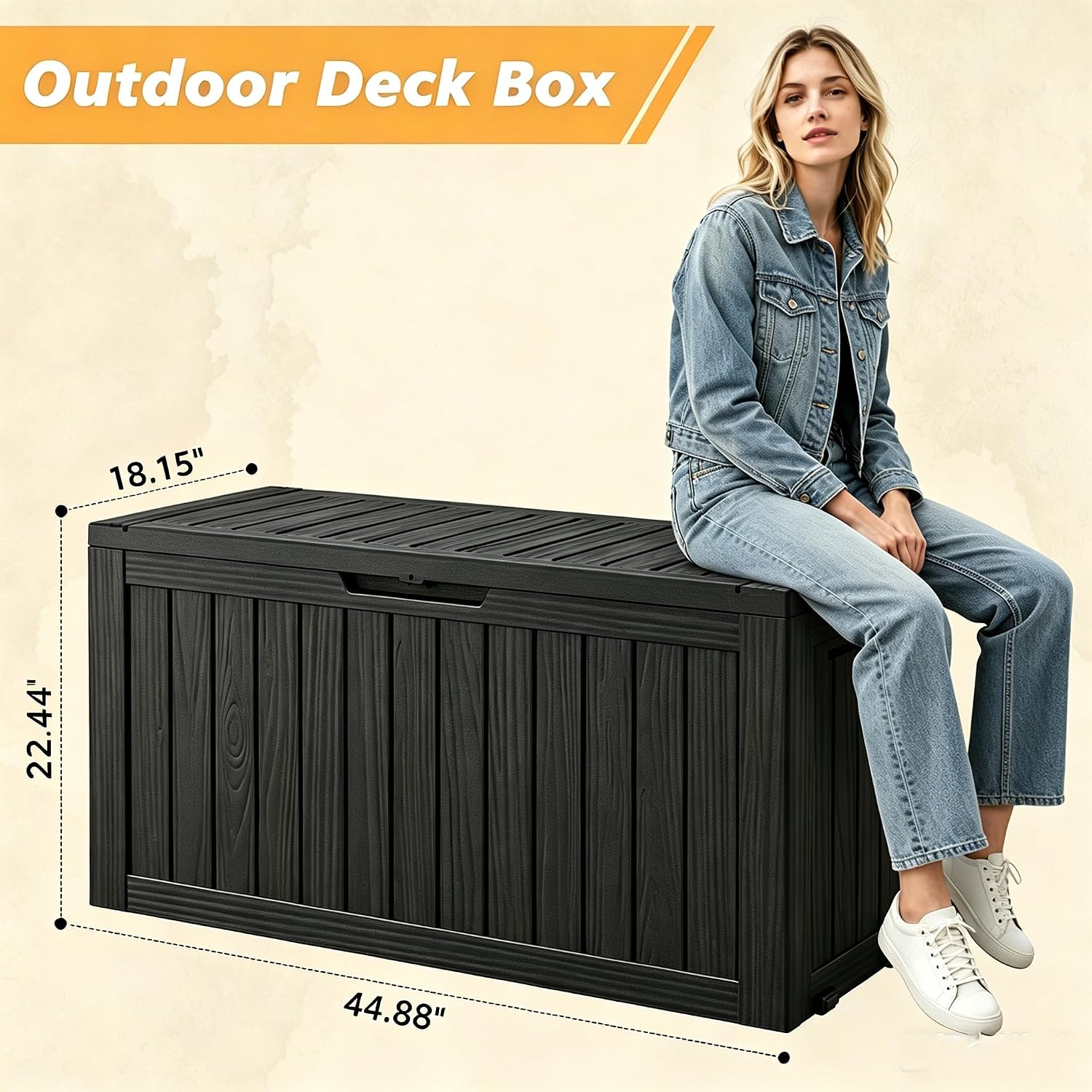 Fancyango 75 Gallon Outdoor Deck Box Waterproof, Large Storage Box for Patio, Resin Storage Bench Lockable for Garden Tools, Package Delivery, Black