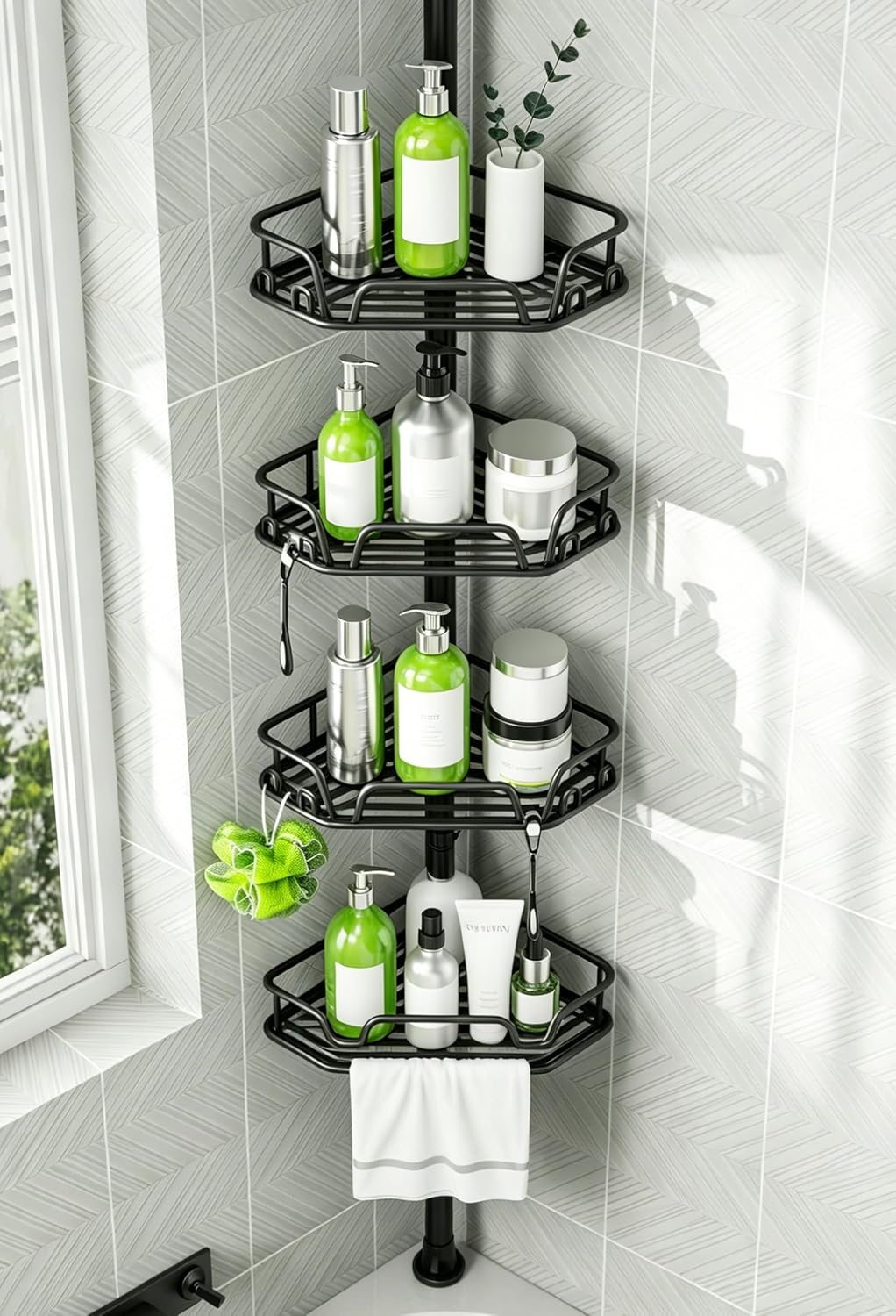 DAOYA Shower Caddy Tension Pole - Shower Organizer Tension Rod with Towel Bar 4-Tier Bathroom Corner Caddy for Bathtub, RV, Black