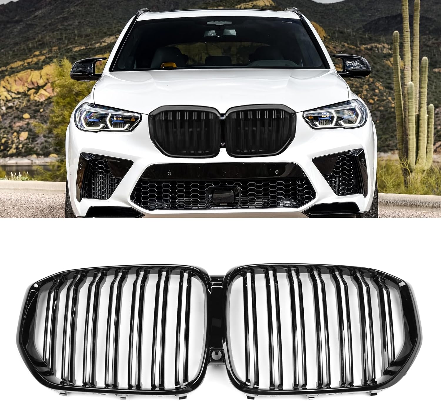 TTCR-II Compatible with BMW X5 Front Kidney Grille 2019-2023, for X5 G05 Front Upper Grille Trim, for BMW G05 Gloss Black Double Slats ABS Grille Replacement