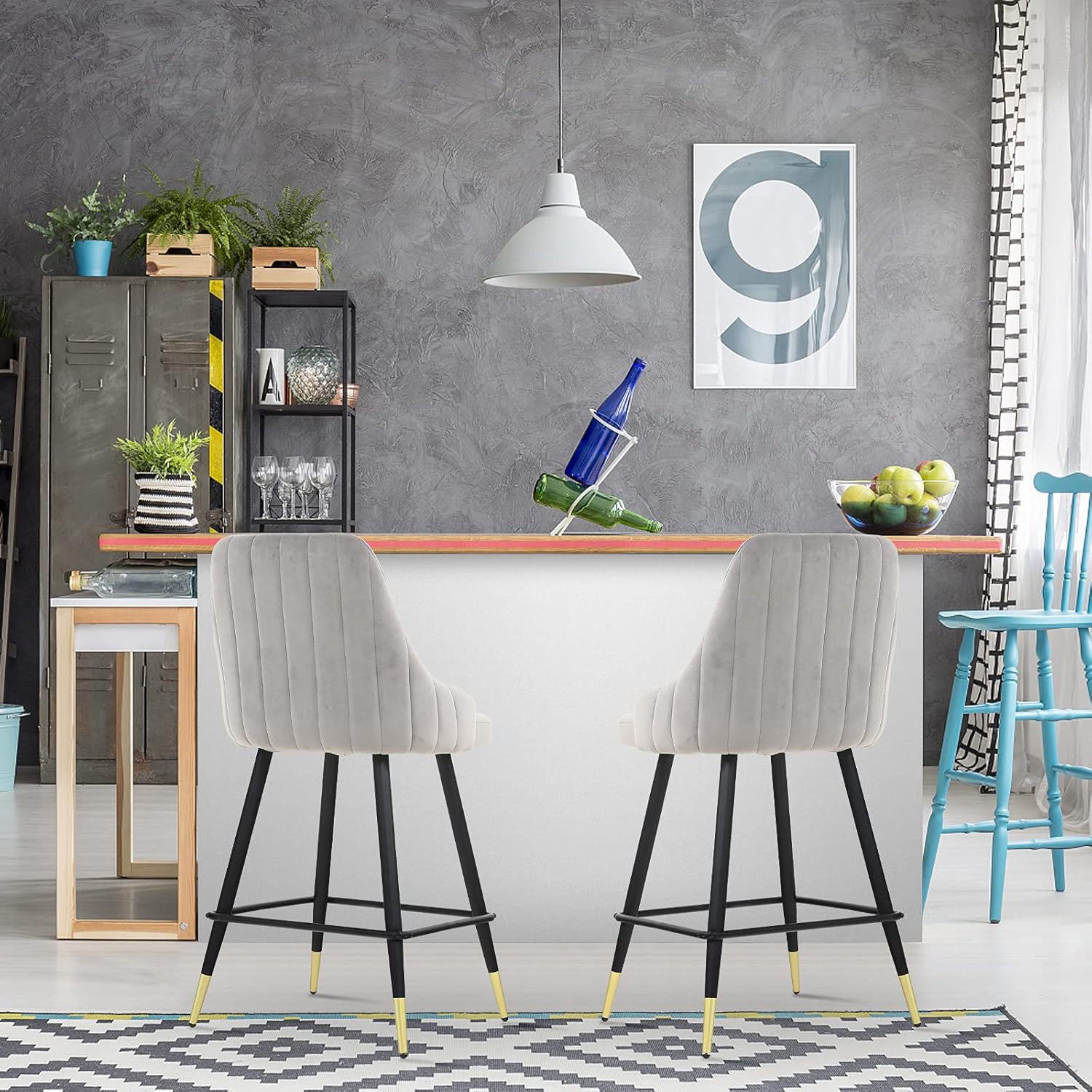 Buy Bar Stools Set Of 2 Nopurs Grey Velvet Barstools With Back And Footrest