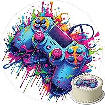 J&M DECO Edible Gamer Cake Topper - Round Cake Decoration 20 cm Made of Wafer Paper - Birthday Boy - Edible Paper for Birthday Cakes - Gaming Motif Children's Party - Gluten Free & Vegan