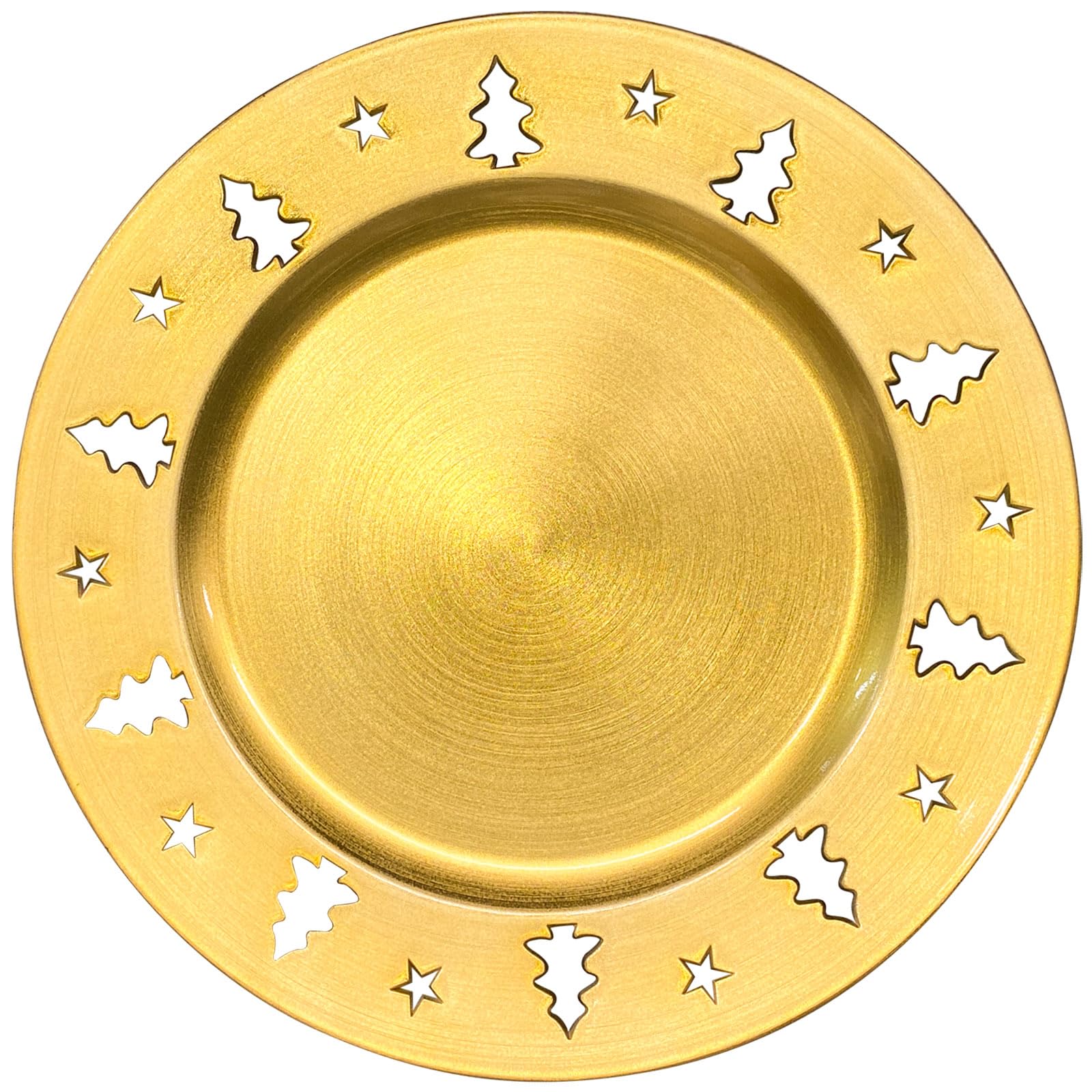 Platos de carga dorados para árbol de Navidad, reutilizables, calados, decoraciones de fiestas, cargadores redondos para platos de cena, elegantes centros de mesa, paquete de 6