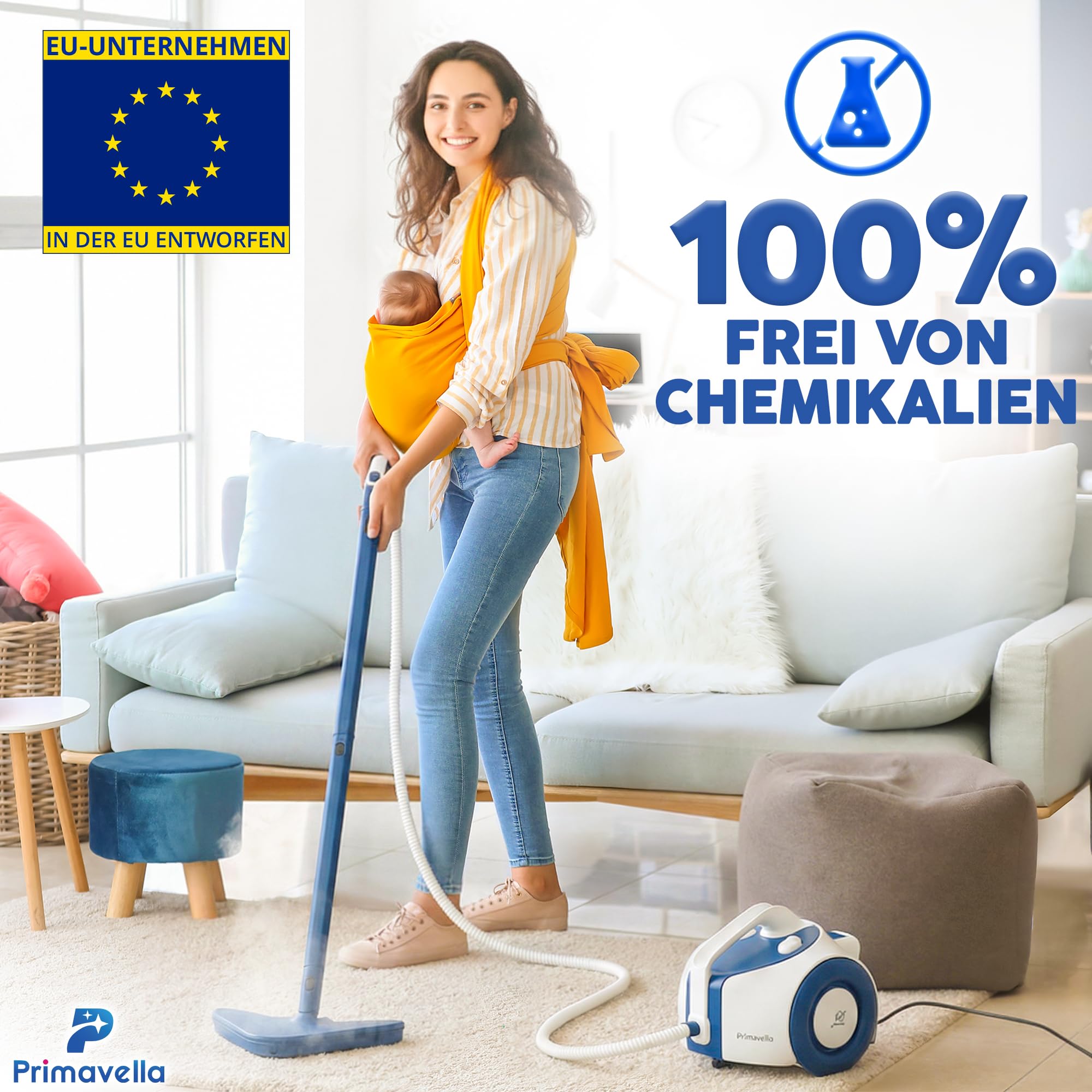 Primavella - Dampfreiniger - 1800 Watt, 3,5 Bar Druck, 1,5 Liter Tank - 16 Zubehörteile zur Reinigung von Badezimmer, Fliesen, Böden, Fugen, Polstermöbeln, Sofa, Auto
