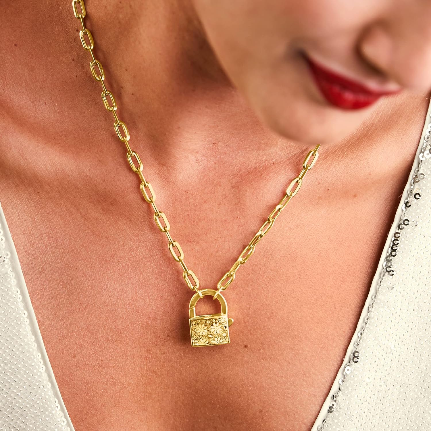 Ross-Simons Italian 14kt Yellow Gold Floral Lock Paper Clip Link Necklace - Image 4