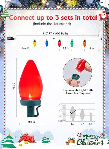 Miniatura 3 de Luces de Navidad C9 impermeables para exteriores, 81 pies, 100 luces LED C9 con temporizador y 8 modos de luz, luces de árbol de Navidad conectables