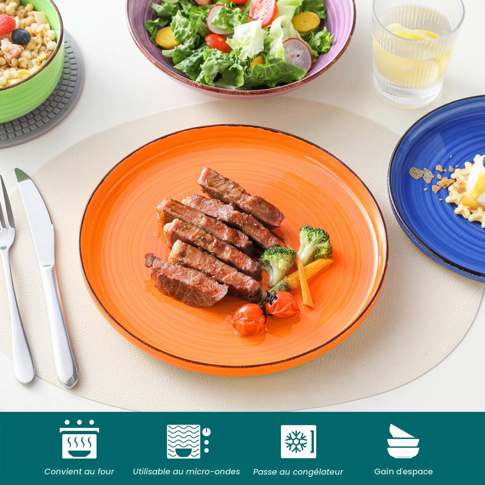 vancasso Série BONITA Assiette Service de Table 24 Pièces pour 6 Personas, Bas Désign Plat en Grès, 6 Assiettes Plates, 6 Assiettes à Salade, 6 Bols à Pâtes et 6 Bols, Multicoloré