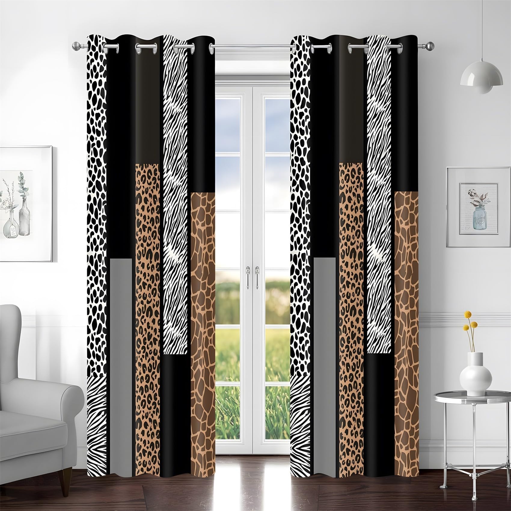 Leoparden-, Zebra- und Giraffenmuster Vorhänge, Wohnzimmer Schlafzimmer Verdunklungsvorhänge, Animal-Print Gardinen, mit Ösen vorhang blickdicht, Dekoration Curtains H137 x B117cm 2er Set PZ376