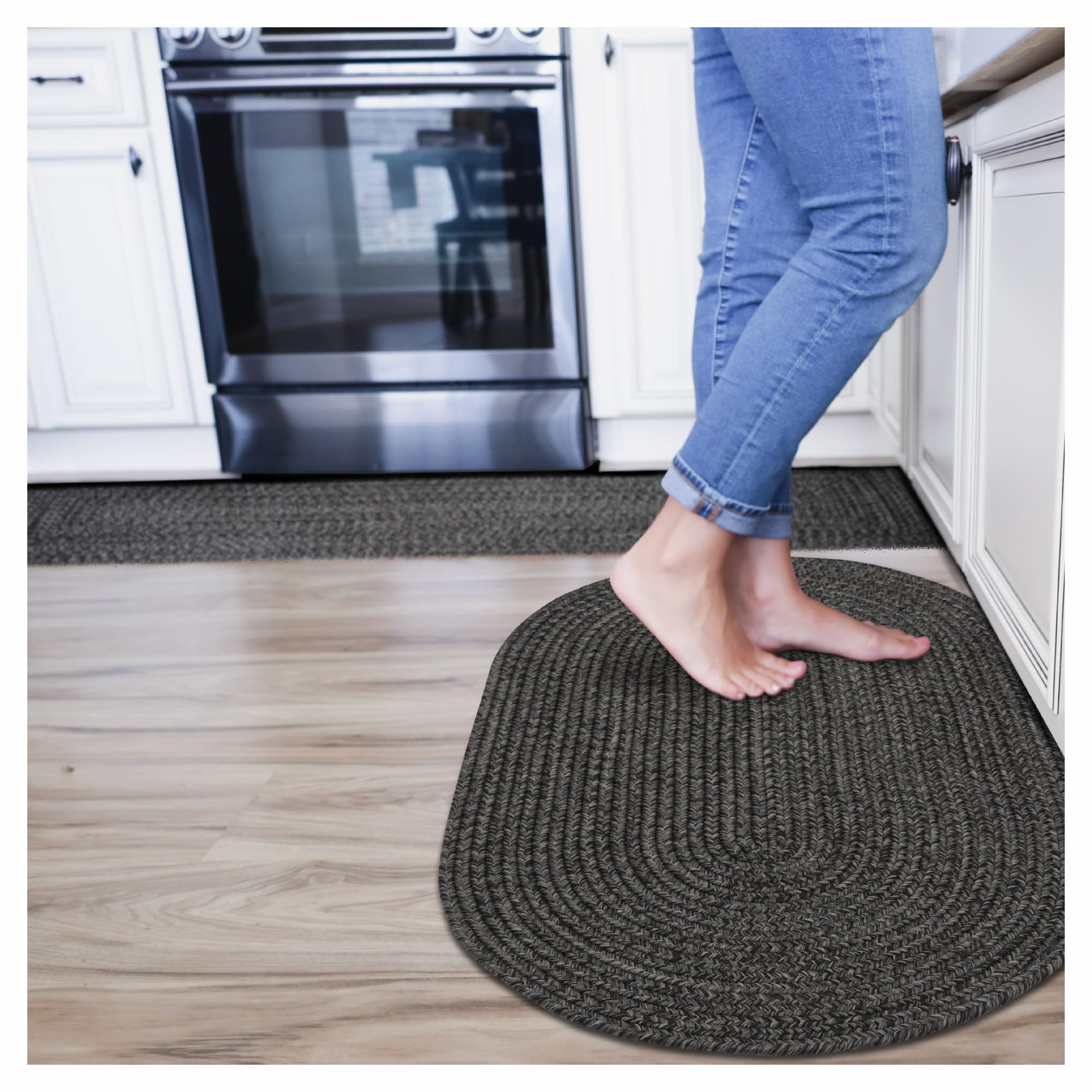 Homespice Black Braided Oval Rug 20"x30" - Country Kitchen Sink Rugs and Braided Entry Mat, Soft, Machine Washable, Water Absorbing and Reversible -