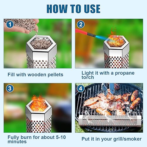 Miniatura 4 de 4 tubos de ahumador de pellets de acero inoxidable de 12 pulgadas, tubo de pellets de madera para ahumar con cepillo de limpieza y 8 ganchos en
