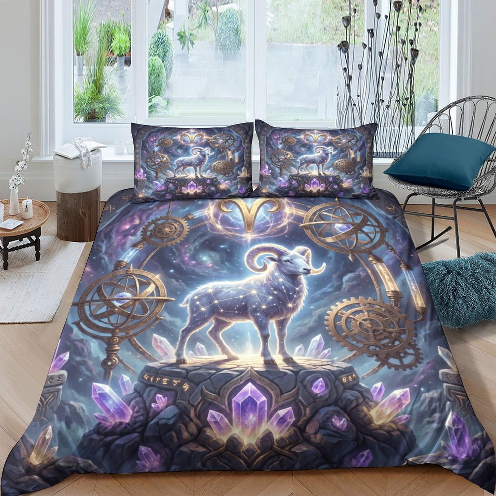 Linge de lit zodiaque Bélier motif cristal violet finitions haut de gamme