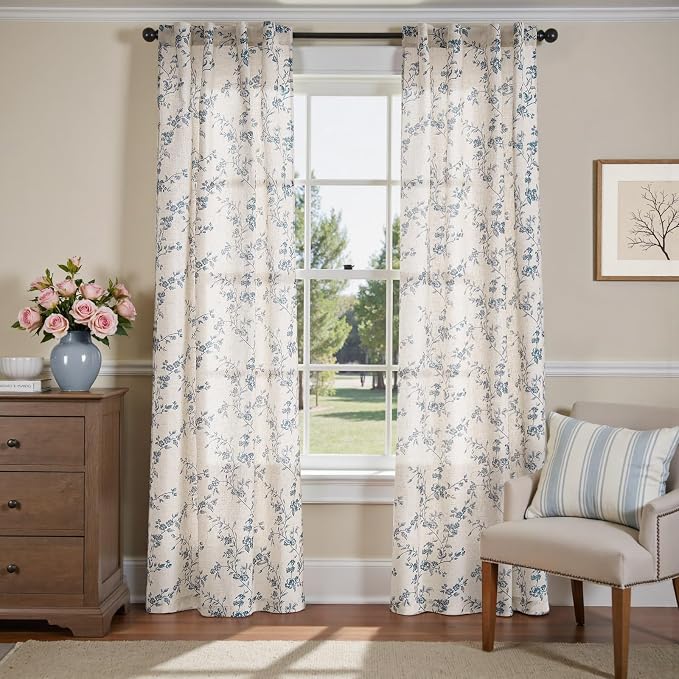 jinchan Linen Floral Curtains for Living Room 84 Inch Length Blue Printed Curtains Back Tab French Country Farmhouse Flower Patterned Drapes Bedroom Window Curtain Set 2 Panels