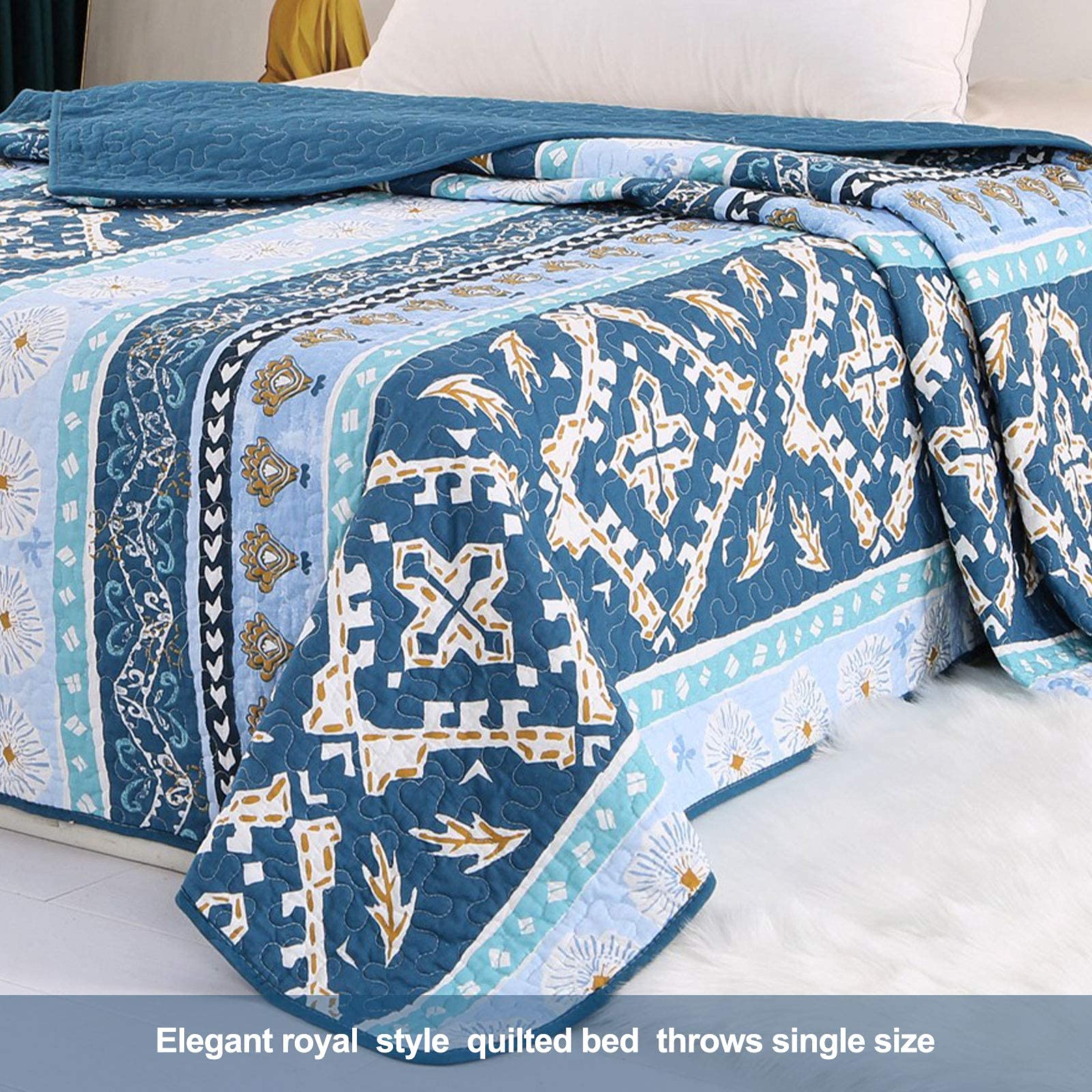 Couvre-Lit 2 Personnes 220x240 Cm Bleu Moulin à Vent – Boutis Matelassé 3 Pièces + 2 Taies 50x75
