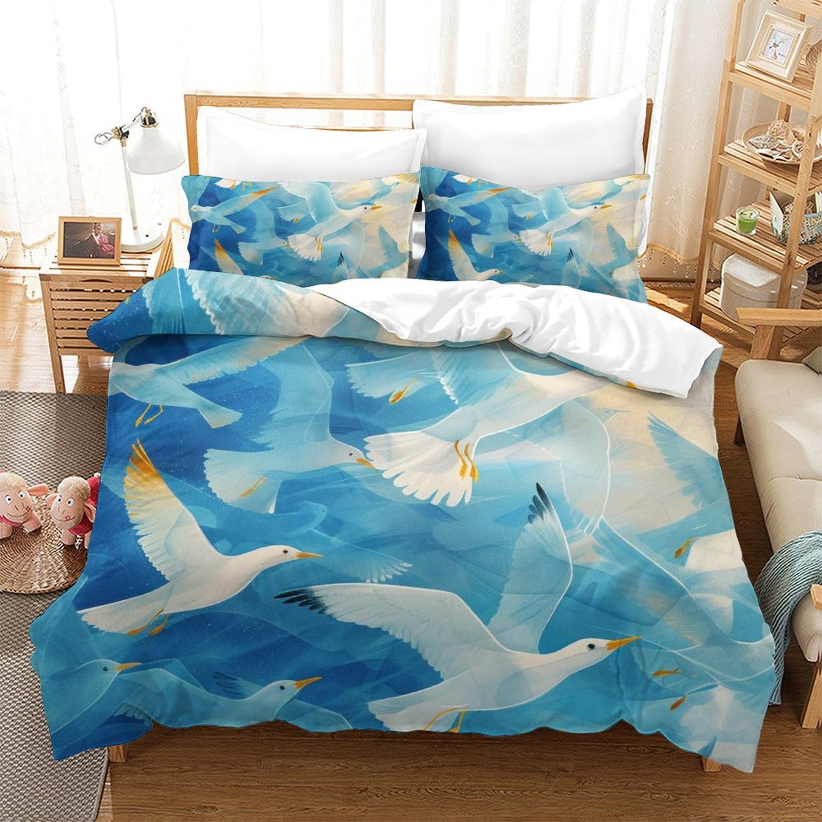 Linge de lit imprimé mouette 3D pour chambre double, parure cocooning en microfibre 200x200 cm