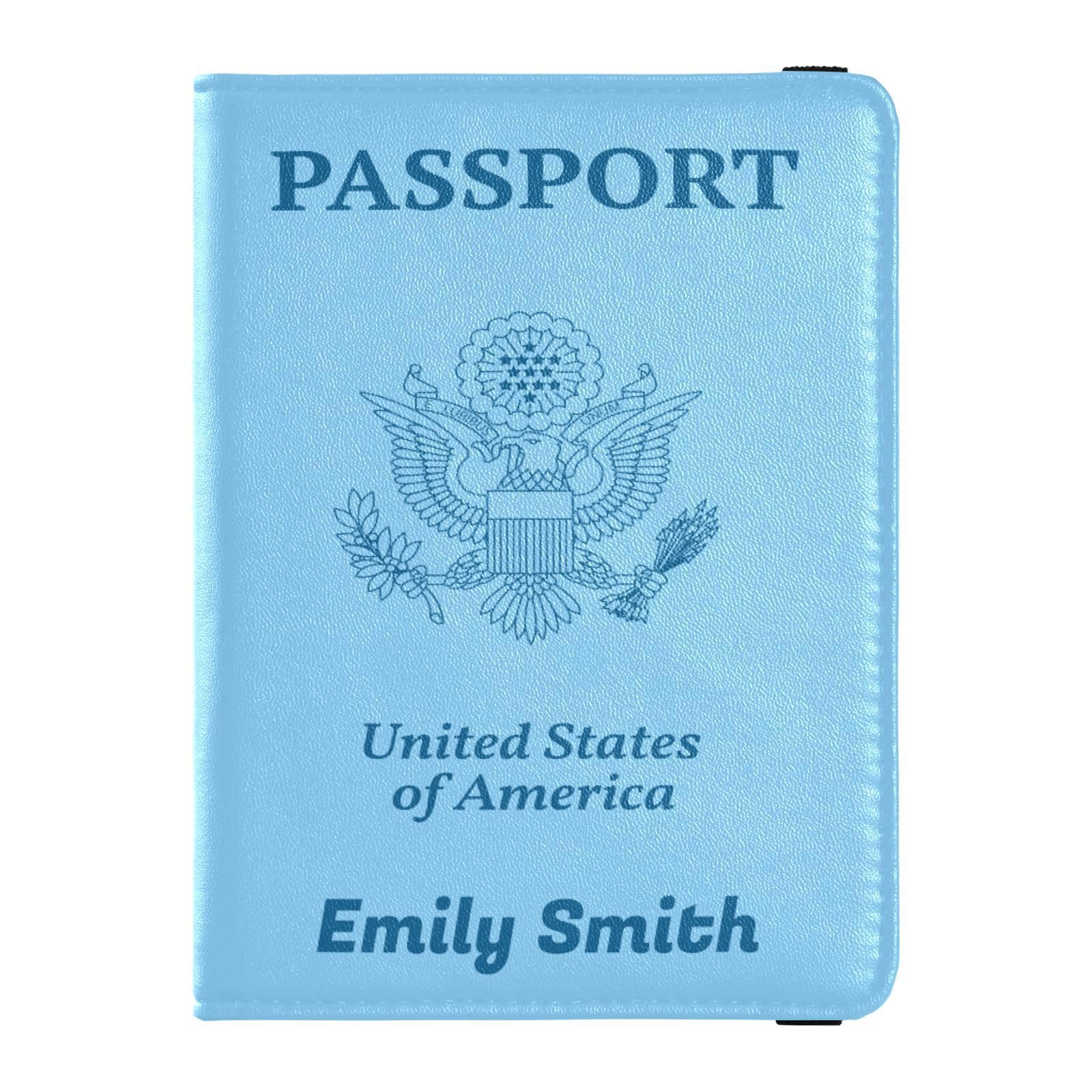Personalized Passport Holder Cover Wallet Combo Custom Name PU Leather Passport Vaccine Card Protector for Women Men Travel Gift， Light Blue