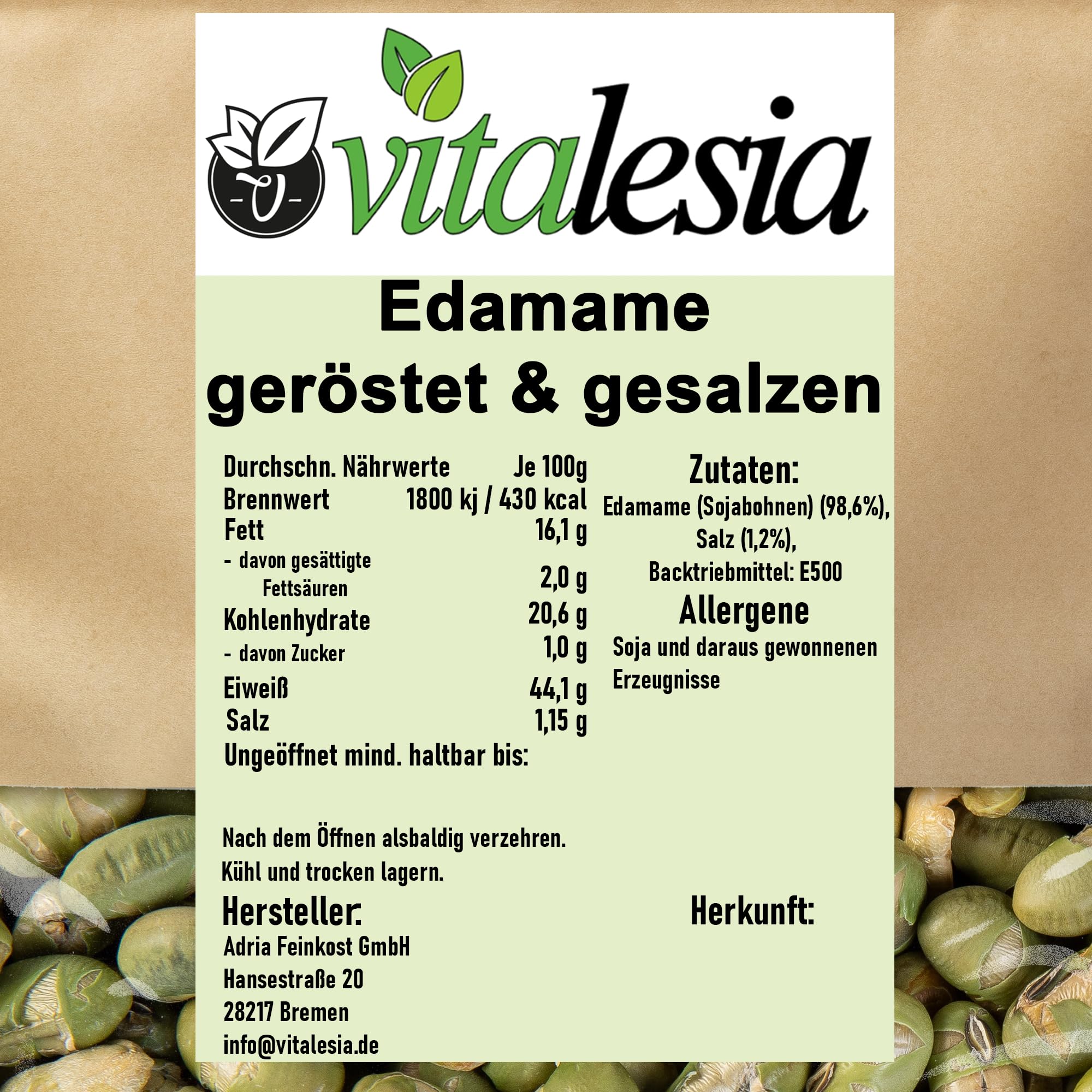 Vitalesia Edamame Bohnen 1kg | geröstet & gesalzen | Proteinreicher Snack | Premium Edamame |Frischebeutel wiederverschließbar | vegan