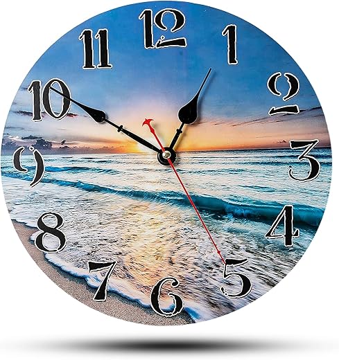 Coastal Nautical Glass Wall Clock 12 Inch – Silent Non-Ticking Ocean Beach Clock, Decorative Coastal Wall Clocks for Bathroom, Bedroom, Kitchen, Living Room – Battery Operated Wall Clocks for Home