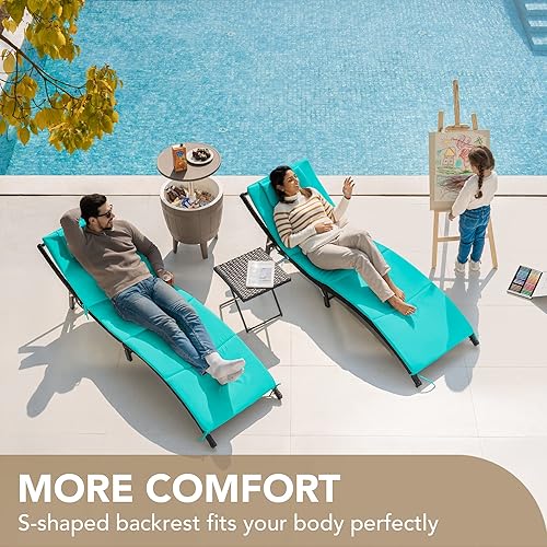 Miniatura 2 de Devoko Juego de tumbonas para patio al aire libre, respaldo ajustable, 3 piezas, acolchado para patio, tumbona plegable con mesa plegable (azul)