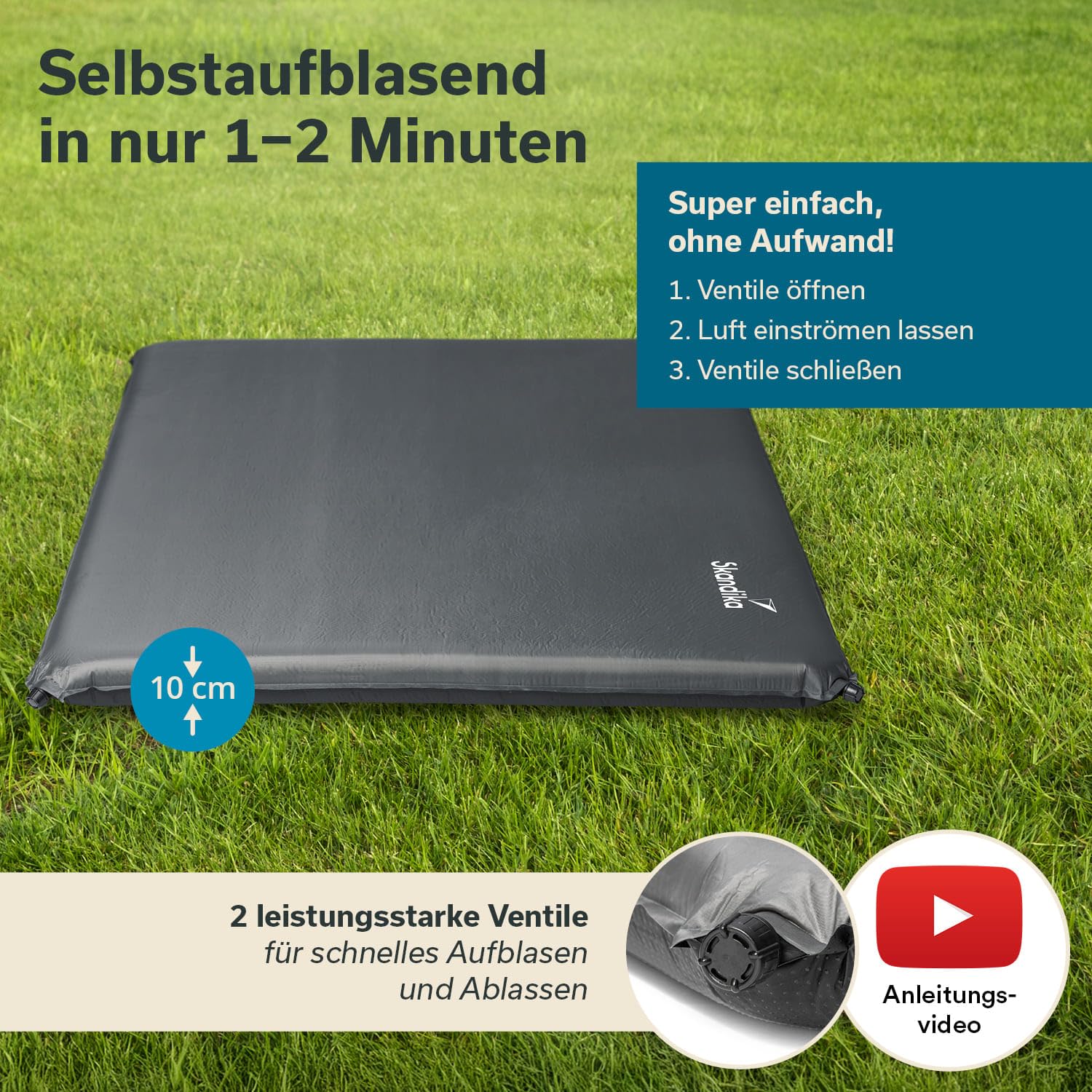 Skandika Doppel-Isomatte Easy Double | 10 cm dick, selbstaufblasend, leicht, faltbar, selbstfüllender Schaumstoff, Campingunterlage, Gästematratze, Luftmatratze | Isomatte Camping, Outdoor, Zelt, Auto