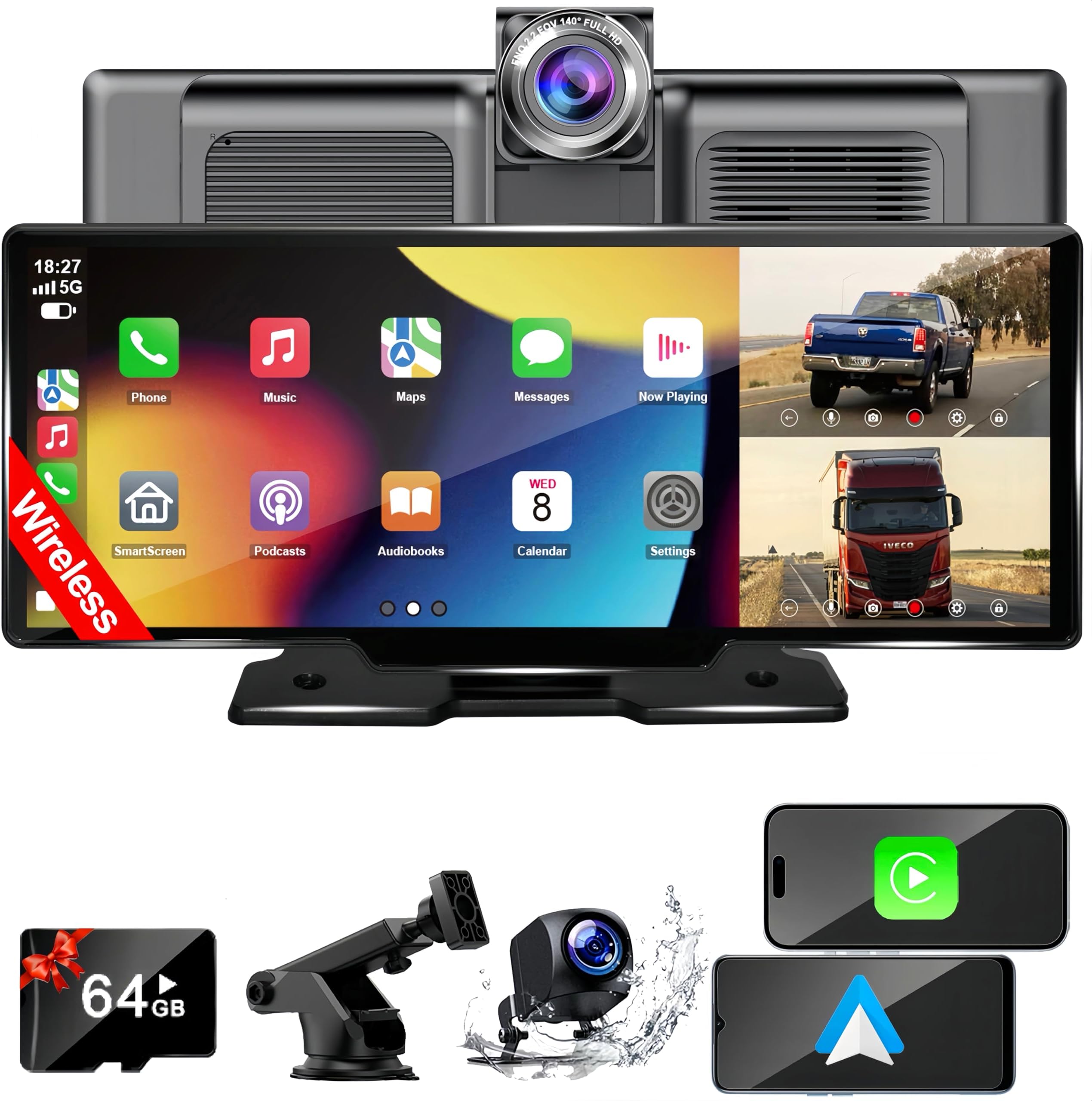 Portable Carplay Screen for Car, 10.26" Wireless Car Stereo