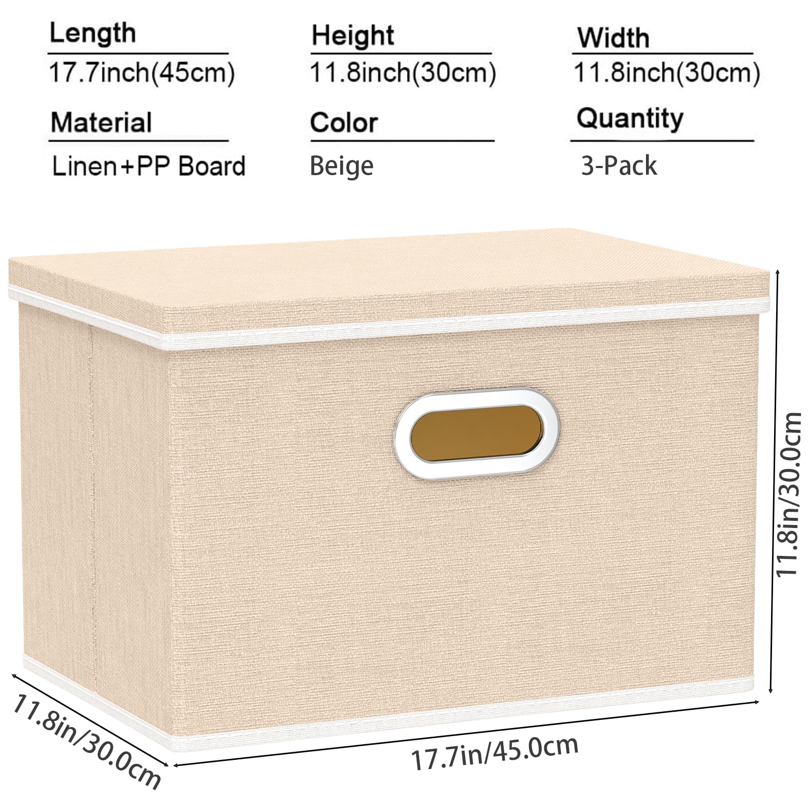 Yawinhe Scatole Portaoggetti con Coperchi, Set di 3 Lavabile, Stoccaggio in Tessuto con Manici, Contenitore per Armadio, per Conservare Vestiti, 45x30x30cm, Beige