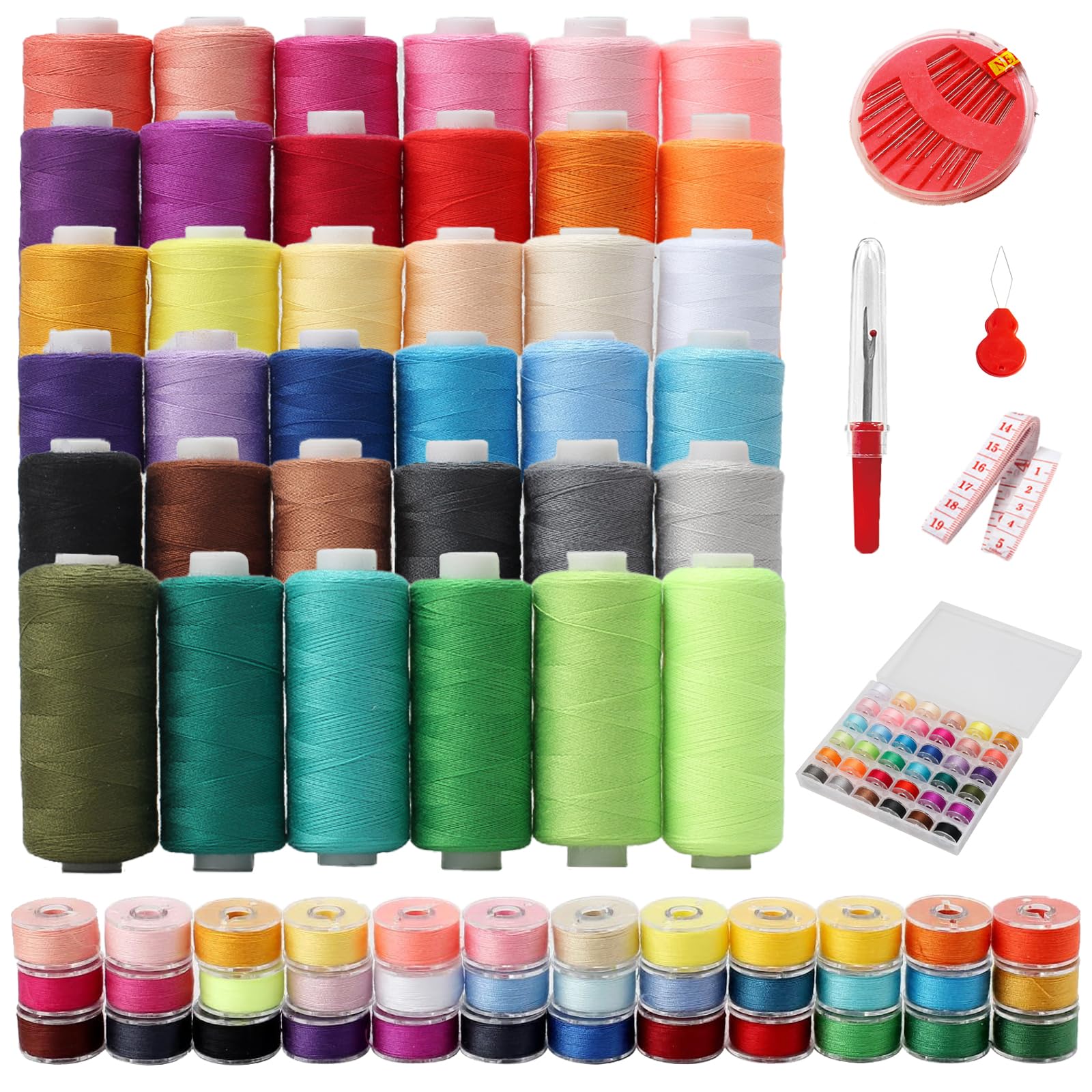 Kiswleon 76-Piece Sewing Thread with Needle Case,Tape Measure,Thread Cutter,Threader,36 Colors 400 Yards Polyester Sewing Machine Threads for Handmade and Machine-Stitched Travel DIY