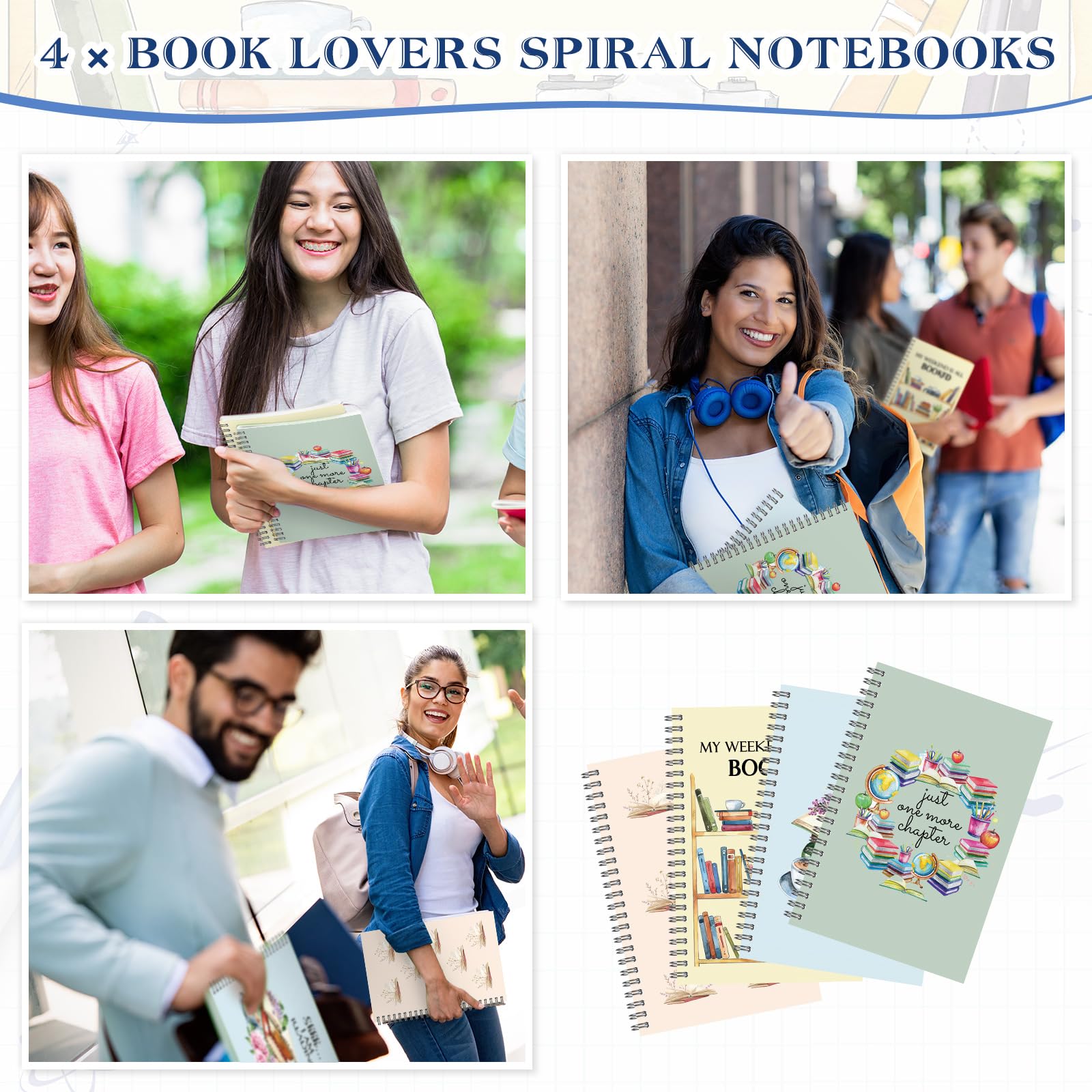 Colarr 4 cuadernos en espiral para amantes de los libros de regreso a clases, 5.5 x 8.3 pulgadas, cuaderno temático de libros, lindo diario forrado con alambre, blocs de notas para estudiantes,