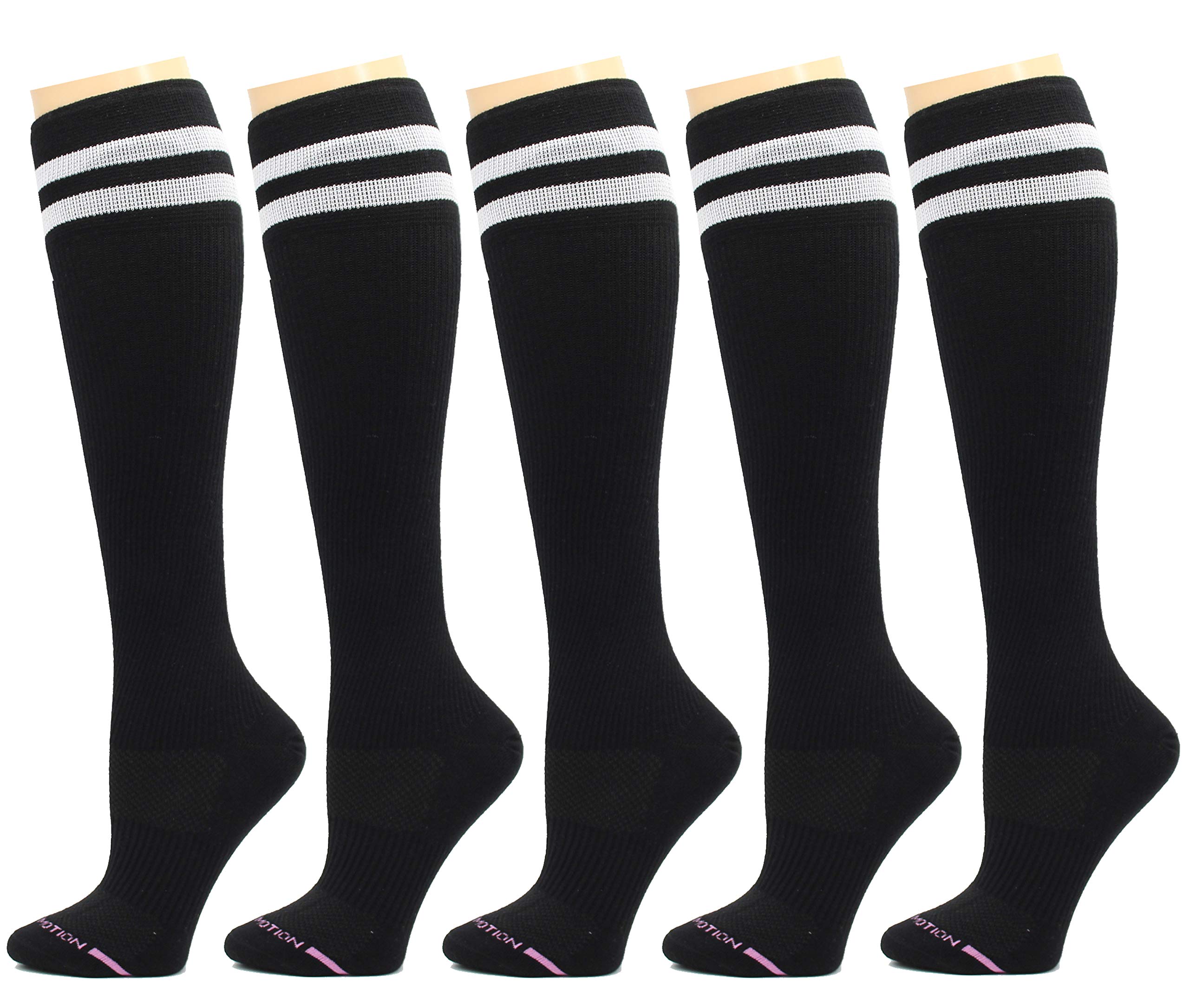 Dr. Motion 5 Pairs Therapeutic Graduated 8-15mmHg Compression Women's Knee-hi Socks (Pack-Black with stripe)