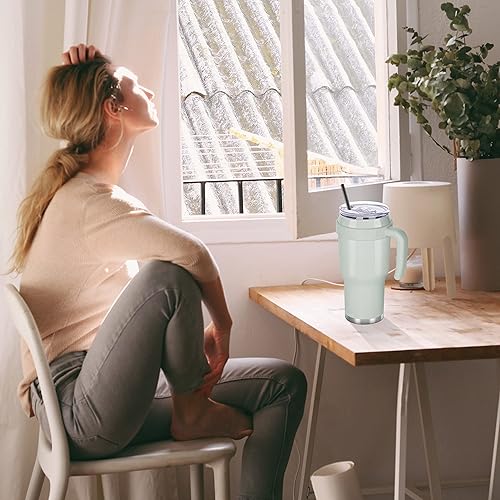 Miniatura 5 de Vaso de 40 oz con asa y popote, vasos aislados de acero inoxidable con tapas, doble pared al vacío, para café, viaje, a prueba de sudor, fugas,