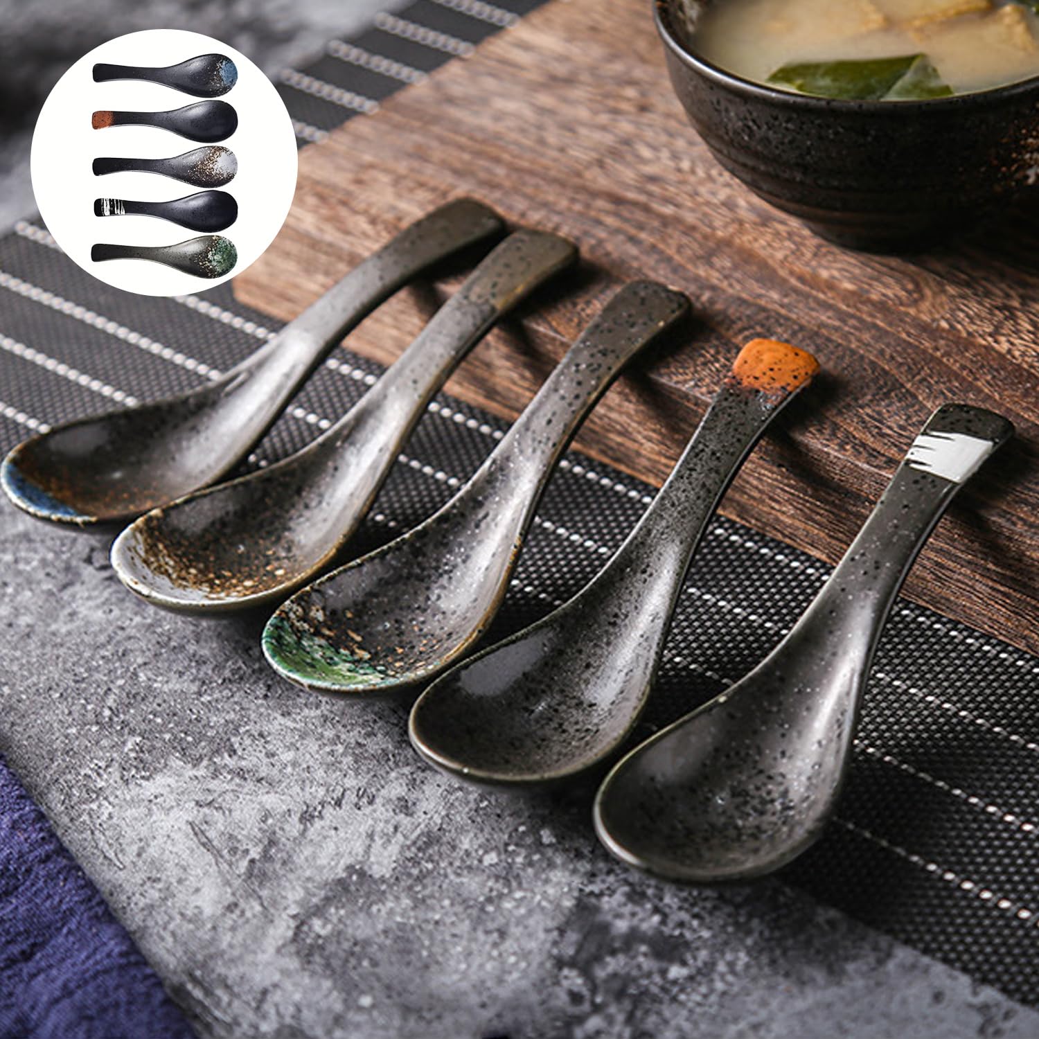 Set Di 5 Cucchiaio Cucchiaini In Ceramica, Cucchiai Da Minestra Cinesi Retrò, Cucchiai Da Ramen Asiatici, Cucchiai Da Zuppa Giapponesi, Creativo Stoviglie Cucina Per Wonton Pasta Caffè (Nero)