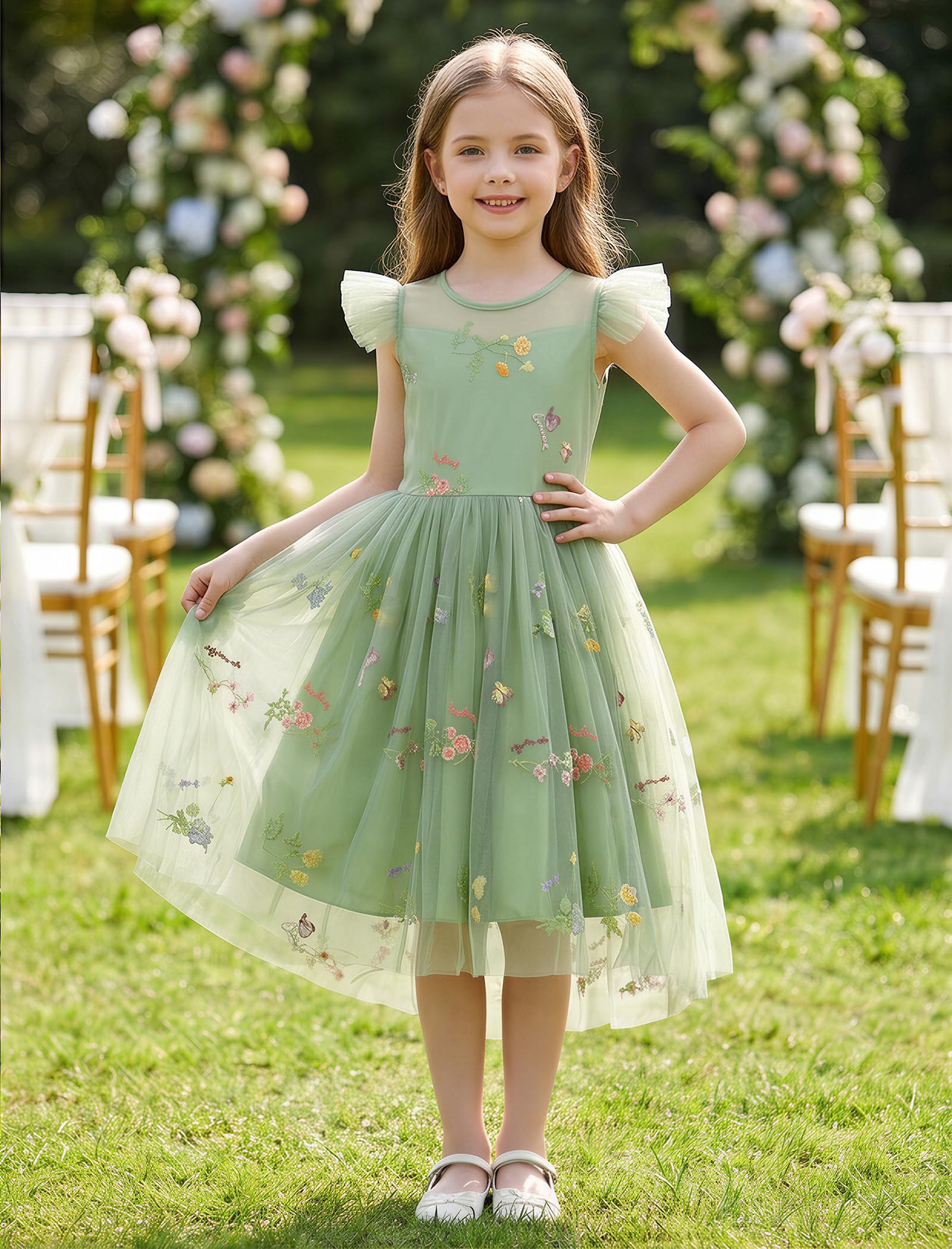 IBTOM CASTLE Mädchen Tüllkleid Rüschenärmel Blumenstickerei Stern Pailletten Tutu Kleider Geburtstag Hochzeit Party formelles Outfit