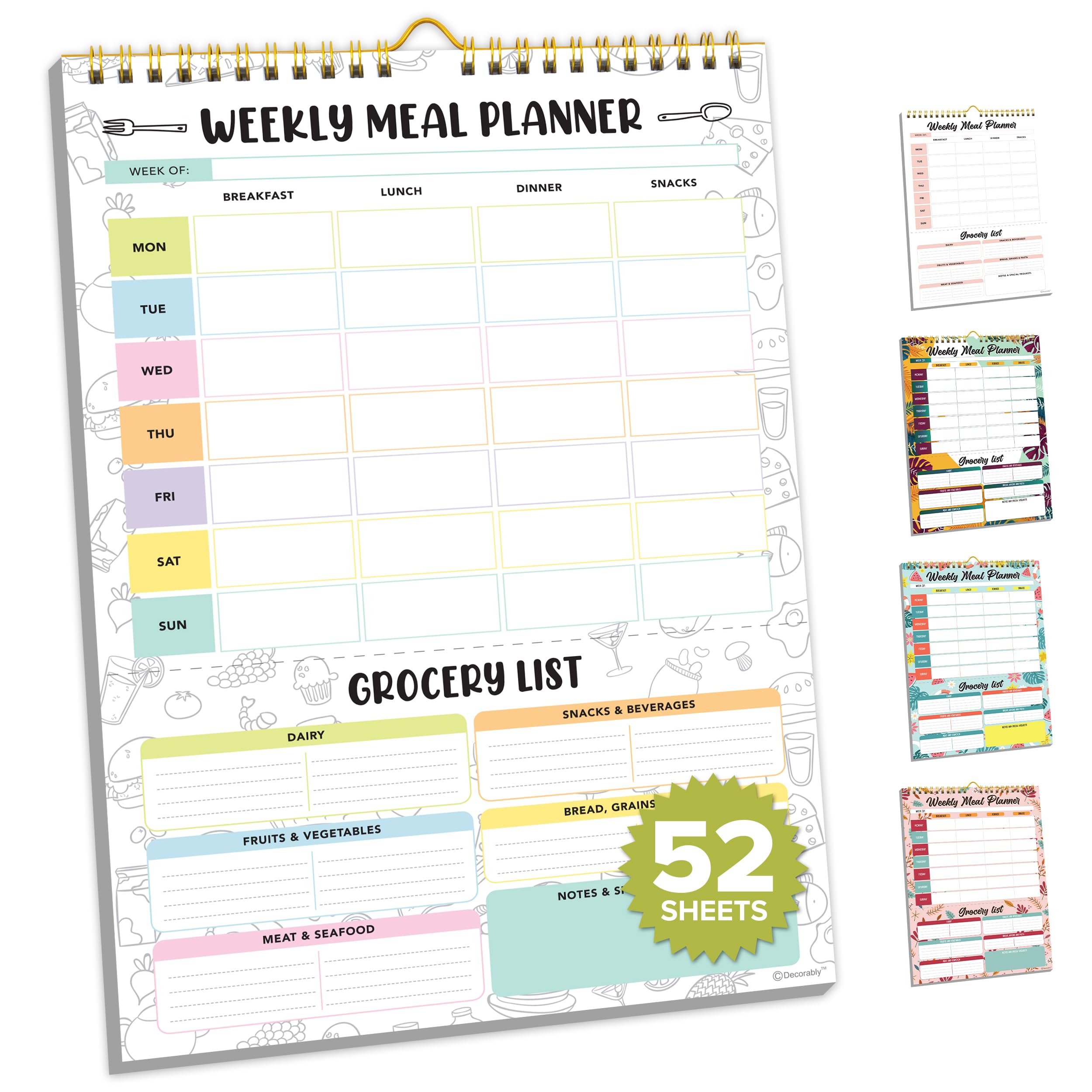 Decorably 52 Sheets Pastel Rainbow Undated Magnetic Weekly Meal Planner for Fridge with Grocery List and 4 Strong Magnets - 7x10in Spring-Bound, Refrigerator Mountable, Easy Tear-Off Design